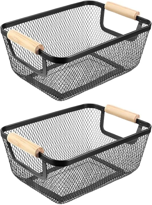 2 Pack Metal Mesh Steel Basket, Small Wire Storage Organizer Basket Multi-function Hanging Kitchen Basket Fruit Baskets with Wood Handle for Kitchen Picnic Cabinet Home Decor, Rectangle-Black