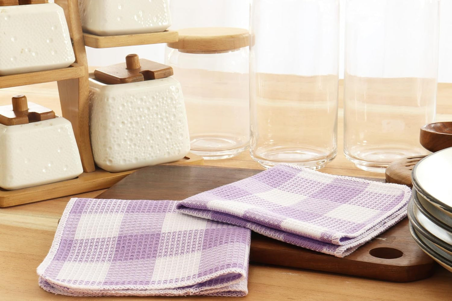 Waffle Weave Plaid Dish Cloths, 100% Cotton - 12 x 12 Inches, Ultra Soft Absorbent Quick Drying Dish Towels Buffalo Check Dish Rags for Kitchen, 8 Pack - Spring Summer - Lavender & White