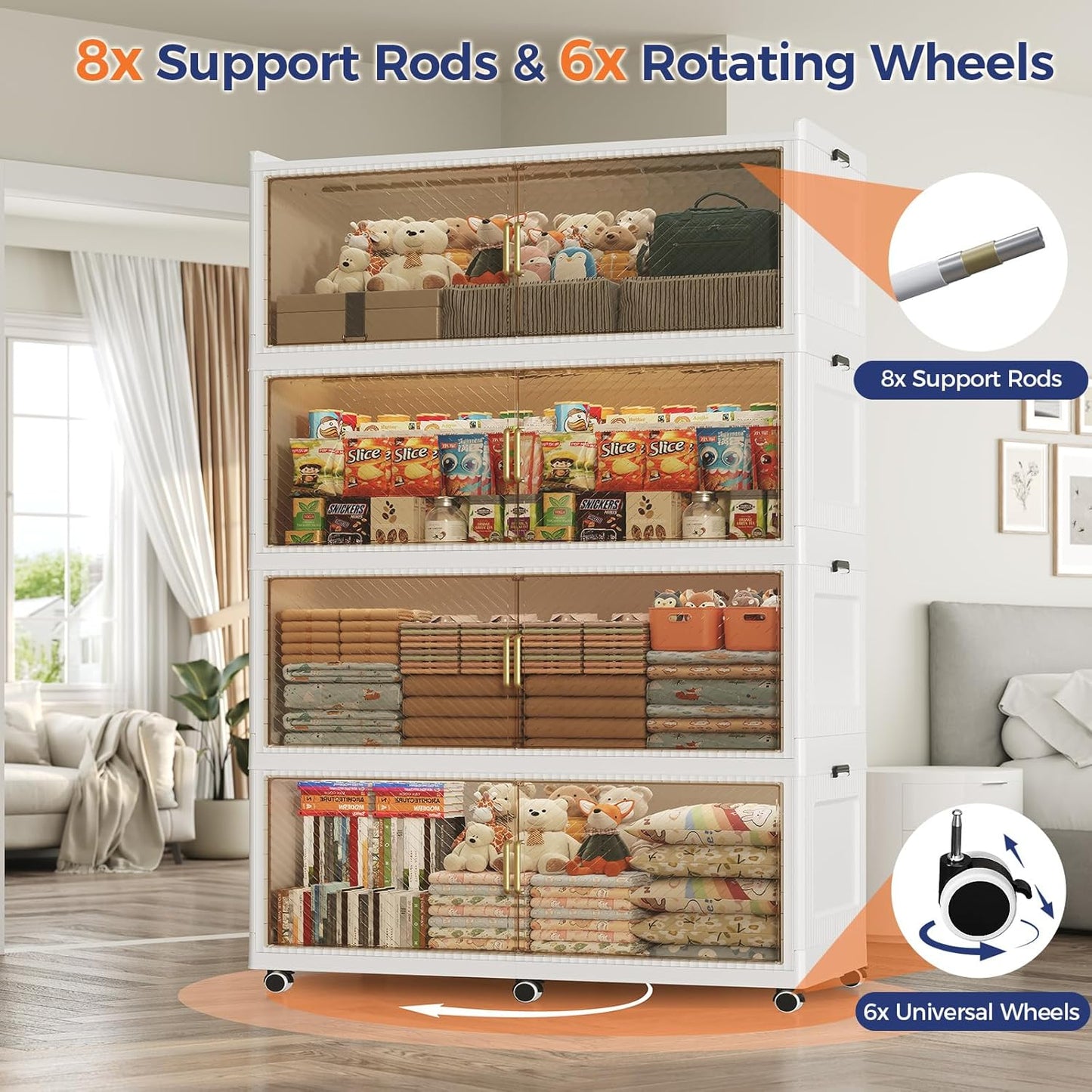 150 Gallon Extra Large Collapsible Storage Bin with Lid, 600QT Stackable Plastic Organizer with 6x Wheels, Foldable Drawer Cabinet for Closet, Living Room Office Dorm 3Pack, White