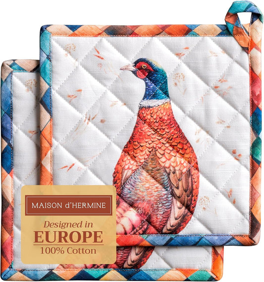 Maison d' Hermine Pot Holders Set 100% Cotton Heat Resistant Potholders 8" x 8" Hot Pads with Loop BBQ, Cooking, Baking, Grilling, Kitchen, Handling Hot Pans (Pack of 2, Faisan D'Automne)