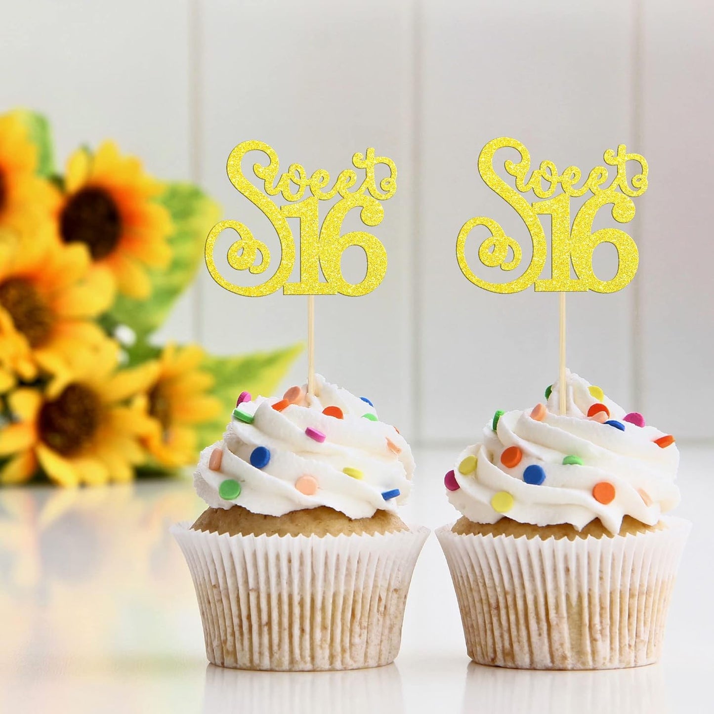 Gyufise 24 Pack 16th Birthday Cupcake Toppers Glitter Sixteen Happy Sweet 16 Cupcake Picks Cheers to 16 Years Old Cupcake Decorations for 16th Birthday Anniversary Party Supplies Multi Gold
