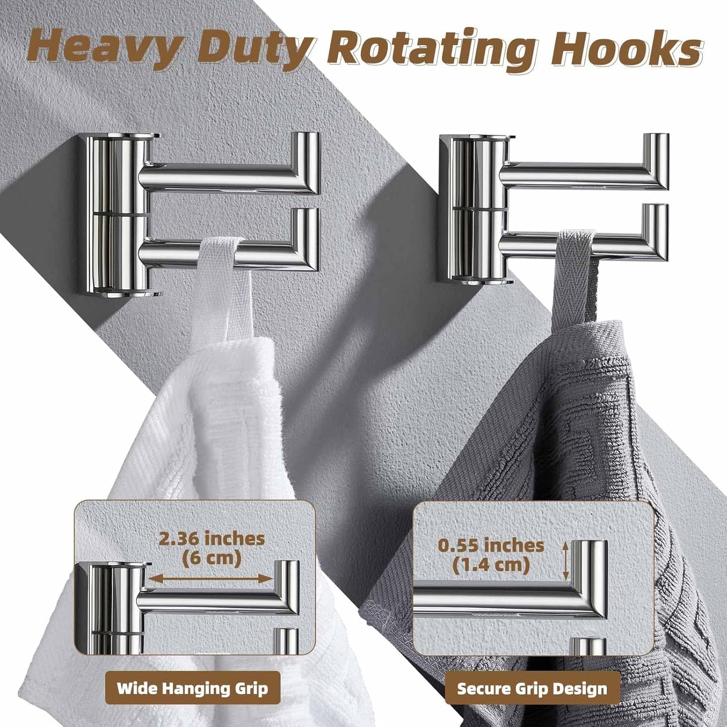 APLusee Swivel Towel Hook Polished Chrome 2 Pack, 304 Stainless Steel Bathroom Robe Hook Towel Holder, Folding Wall Hook Wall Mounted