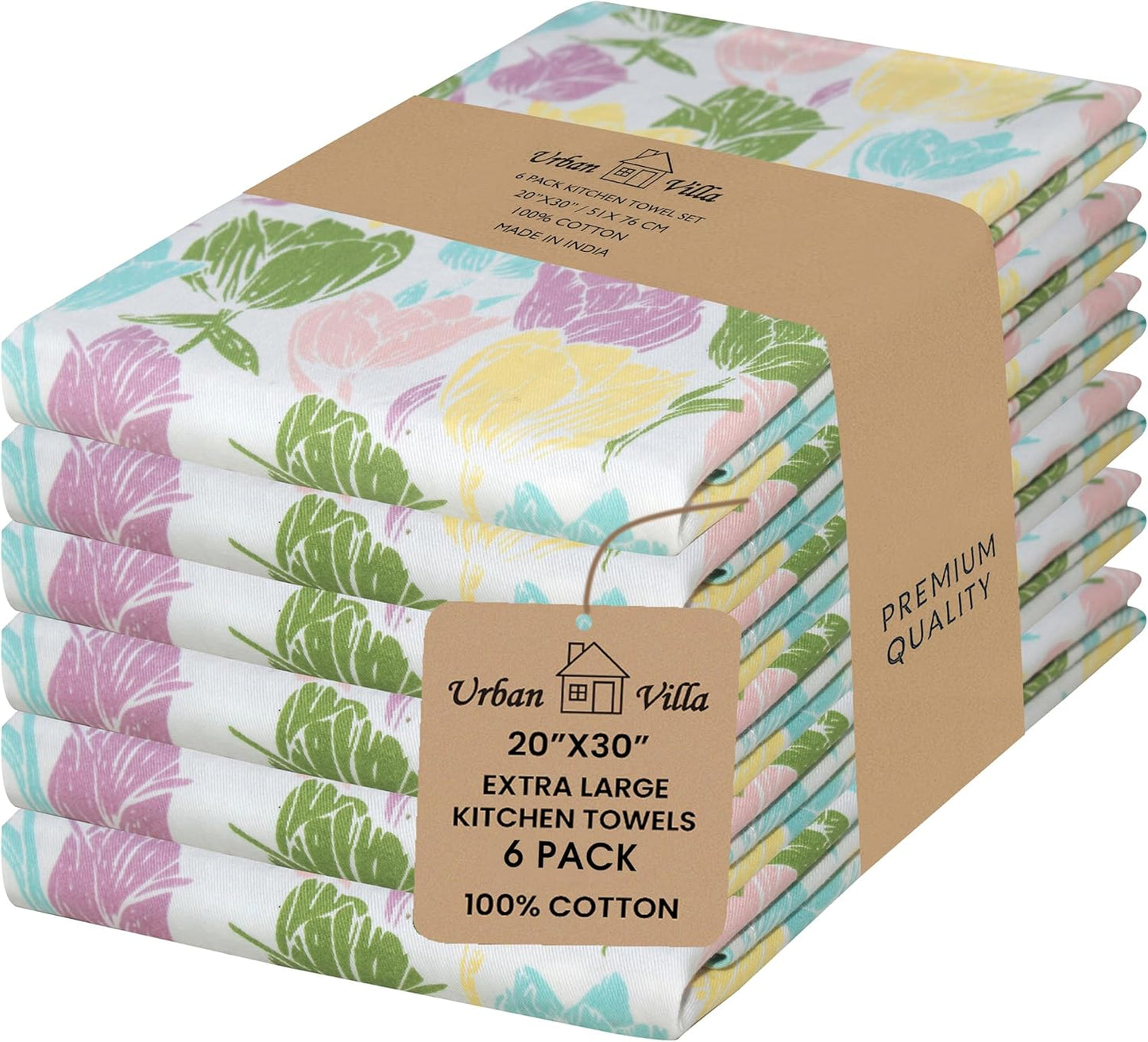 Urban Villa Collection Kitchen Towels Tulip Flowers Multi Color Premium Quality,100% Cotton Dish Towels, Mitered Corners,(Size: 20X30 Inch), Highly Absorbent Bar &Tea Towels - (Set of 6)