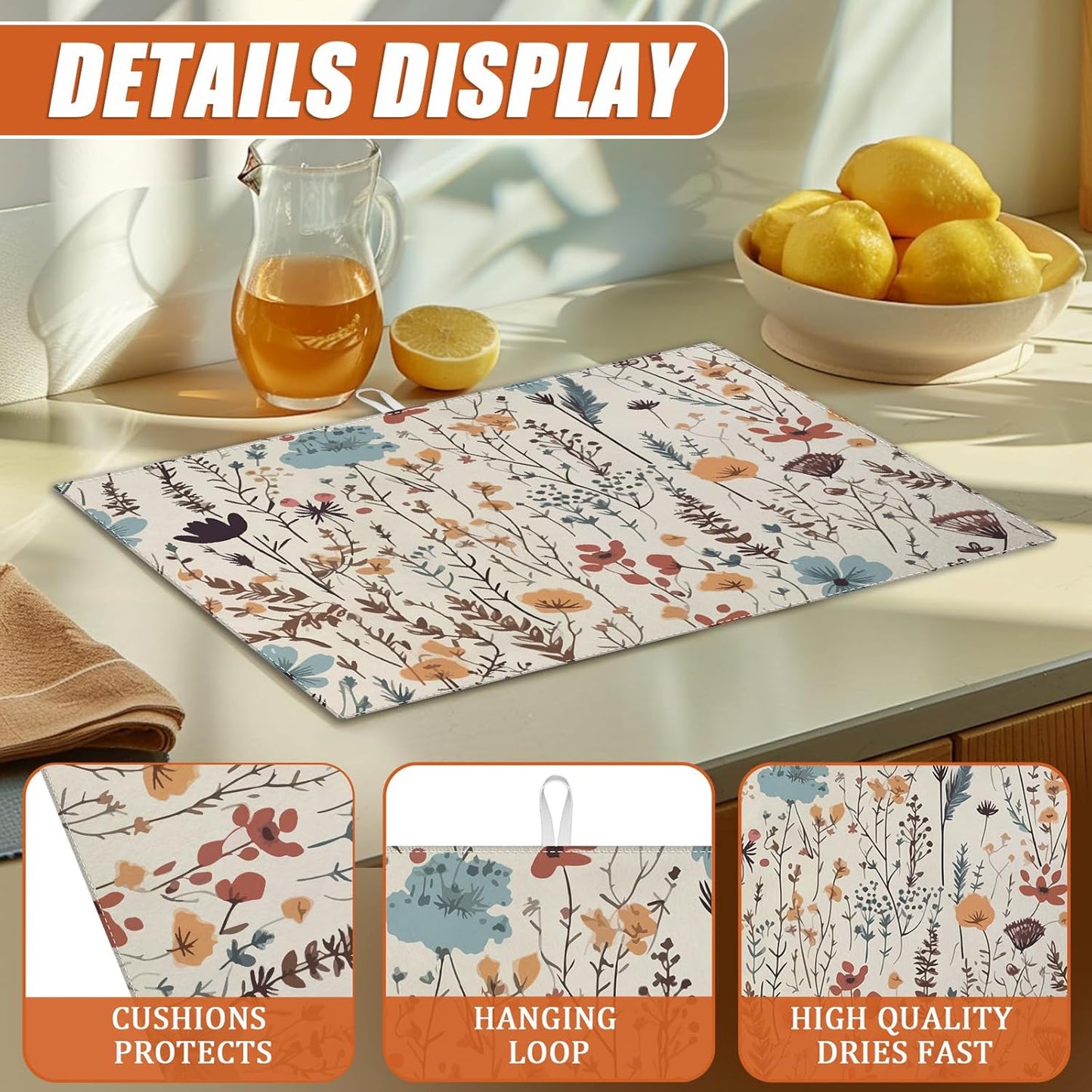 Vintage Floral Dish Drying Mat for Kitchen Counter Microfiber Absorbent Dish Kitchen Drying Mat Draining Reusable Washable for Dishes/Utensils/Counterto