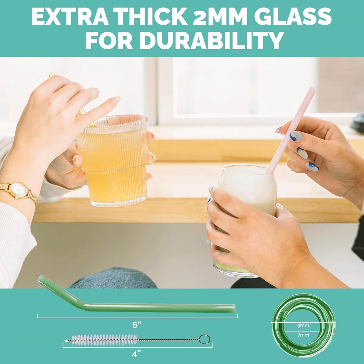 Simply Straws 6 Inch Glass Straws Bent (6-Pack) – Reusable Glass Straws for Low Balls & Stemless Glasses, with Cleaning Brush – Dishwasher Safe, Hot & Cold Use, BPA-Free (Cote d'Azur)