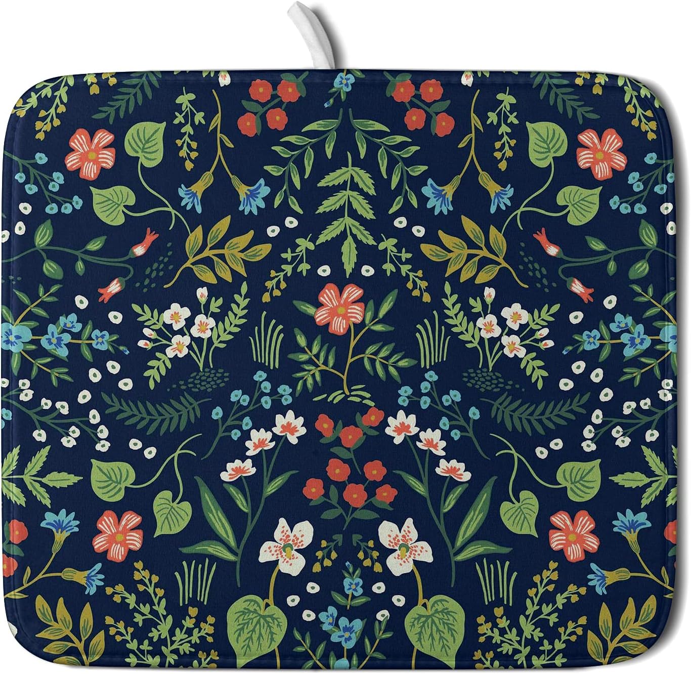 Flower Floral Dish Drying Mat 18x24 inch Microfiber Navy Blue Drying Mats with Hanging Loop Absorbent Green Leaves Dish Drainer Mat Reversible Flowers Drying Pad for Kitchen Counter Sink