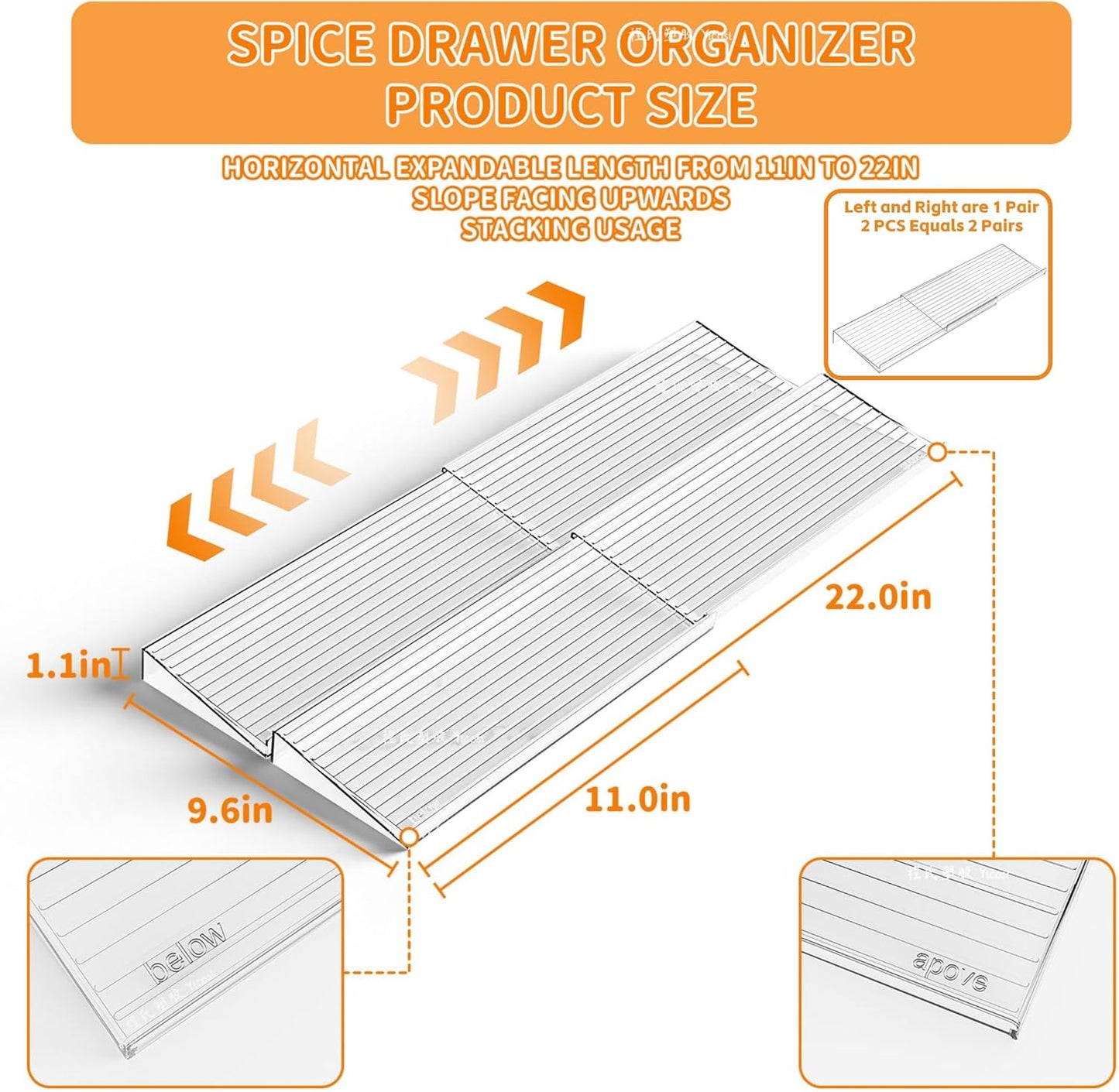 Yieach 4 Pack Adjustable In Drawer Spice Organizer - Expandable From 11'' to 22'' - Acrylic Drawer Seasoning Organizer,Clear Spice Organization Tray for Cabinet Drawers Condiment,Nail Polish and Jar