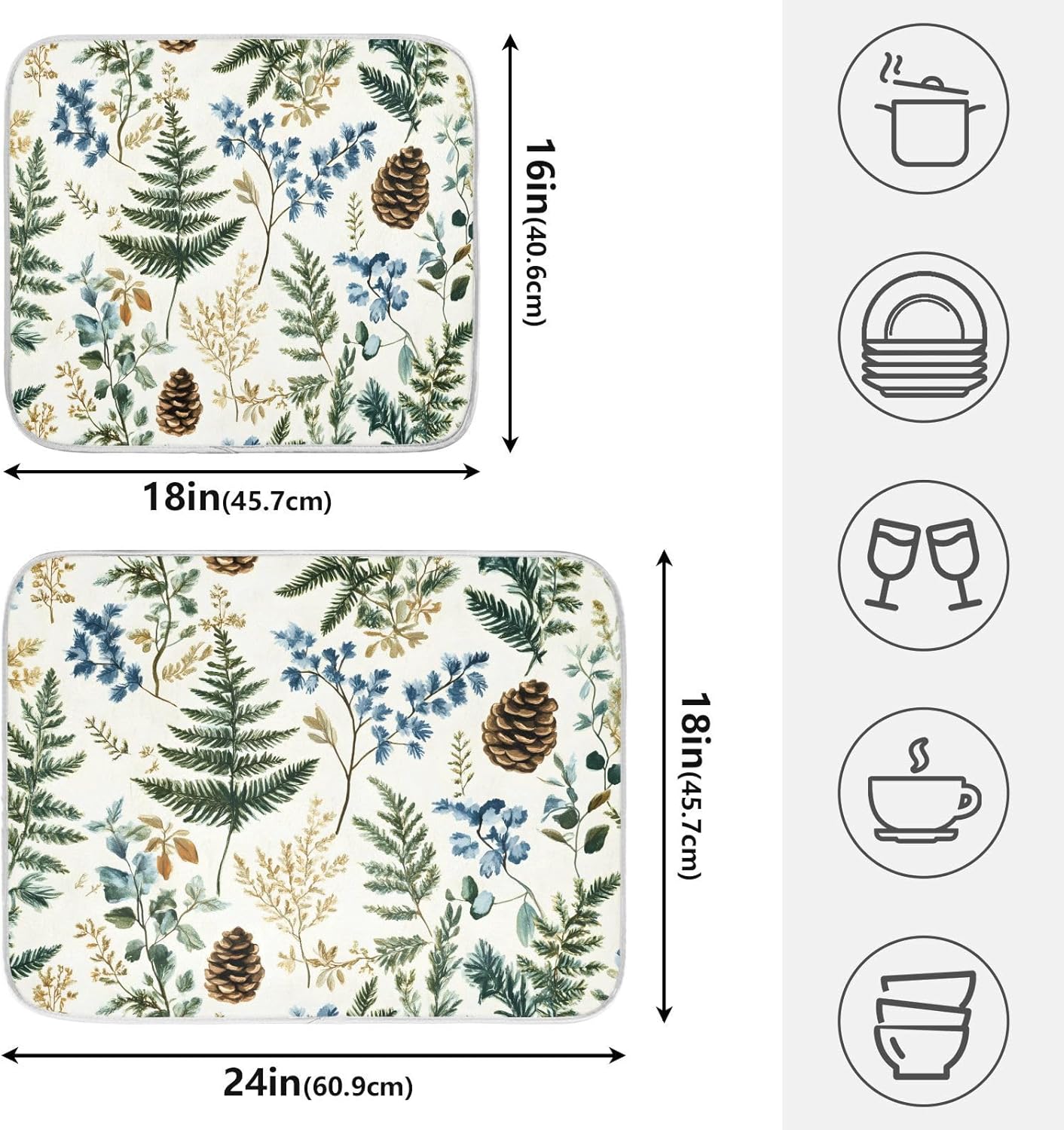 Vintage Herbs Fern Leaves Floral Plant02 Dish Drying Mat for Kitchen Counter Absorbent Microfiber Large Drying Pad Dish mats for Kitchen Countertops 18 x 24 Inch