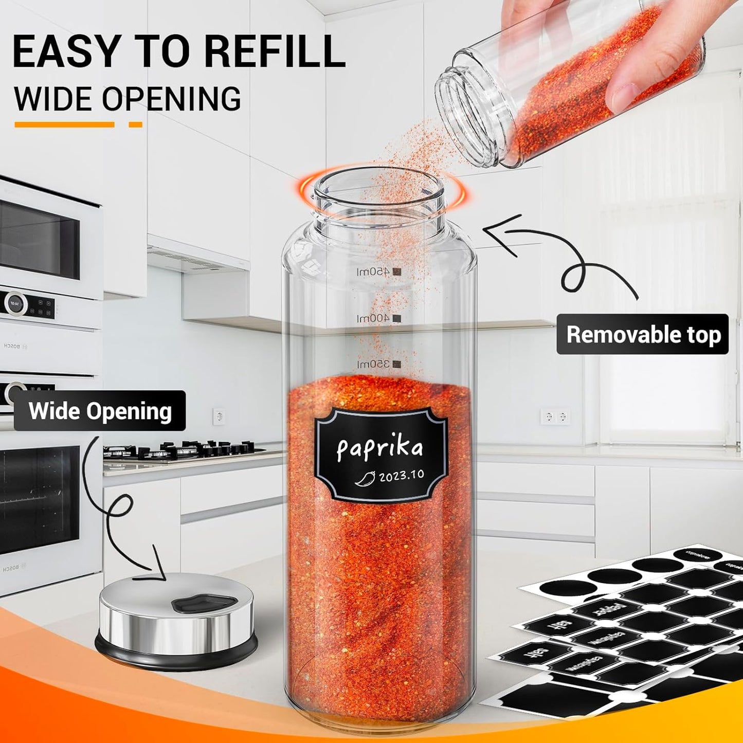 Segarty Glass Spice Jars, 6 Pack 15oz Large Spice Jar with Labels, Clear Empty Spice Containers with Shaker Lids, Salt Pepper Shakers Set Seasoning Bottles with 136 Stickers, 1 Chalk Pen and Brush