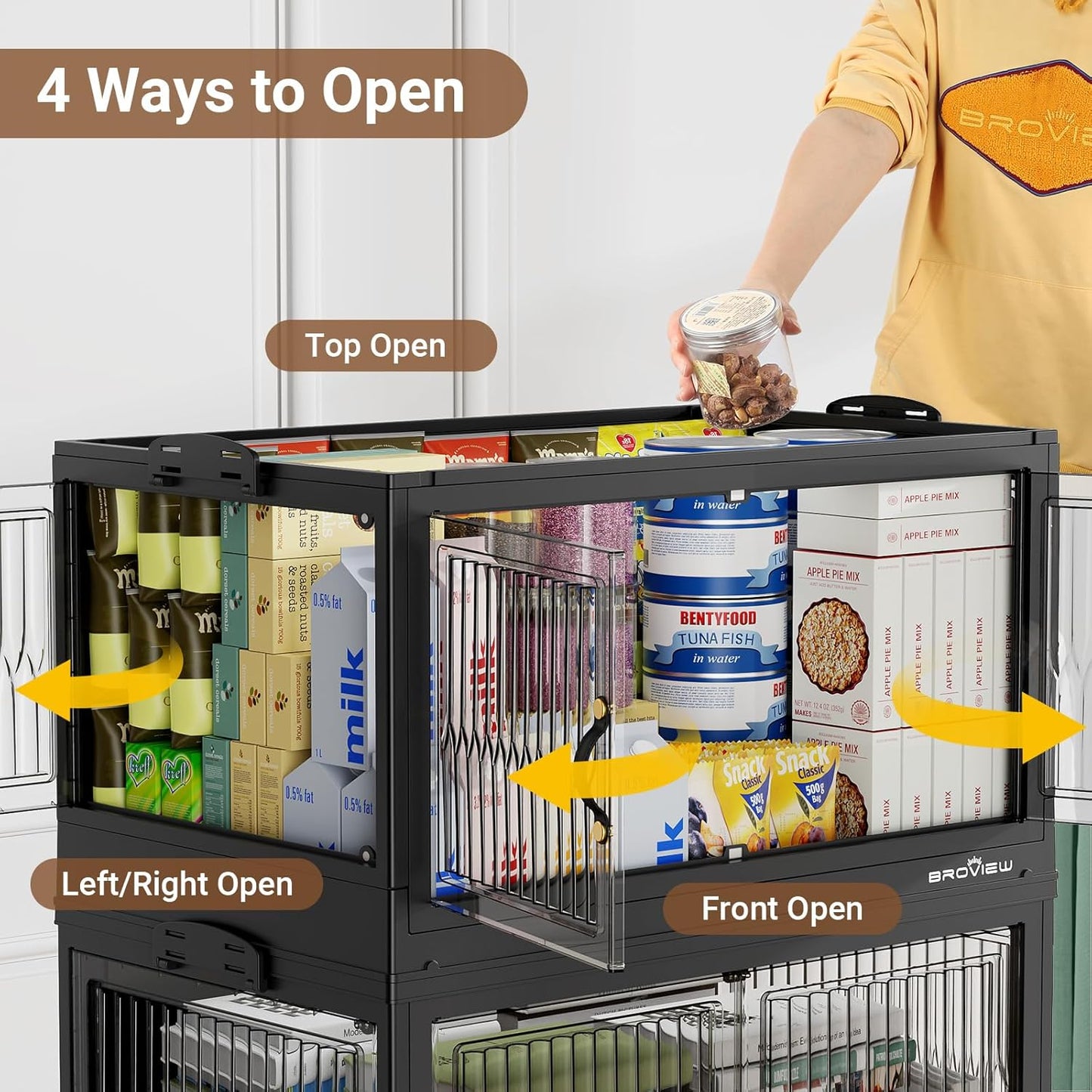 120QT Large Stackable Storage Bins with Lids, Plastic Closet Organizer and Storage Drawer, Collapsible Storage Box with Wheels, Folding Storage Cabinet with Doors for Home Kitchen, 1Pack Black