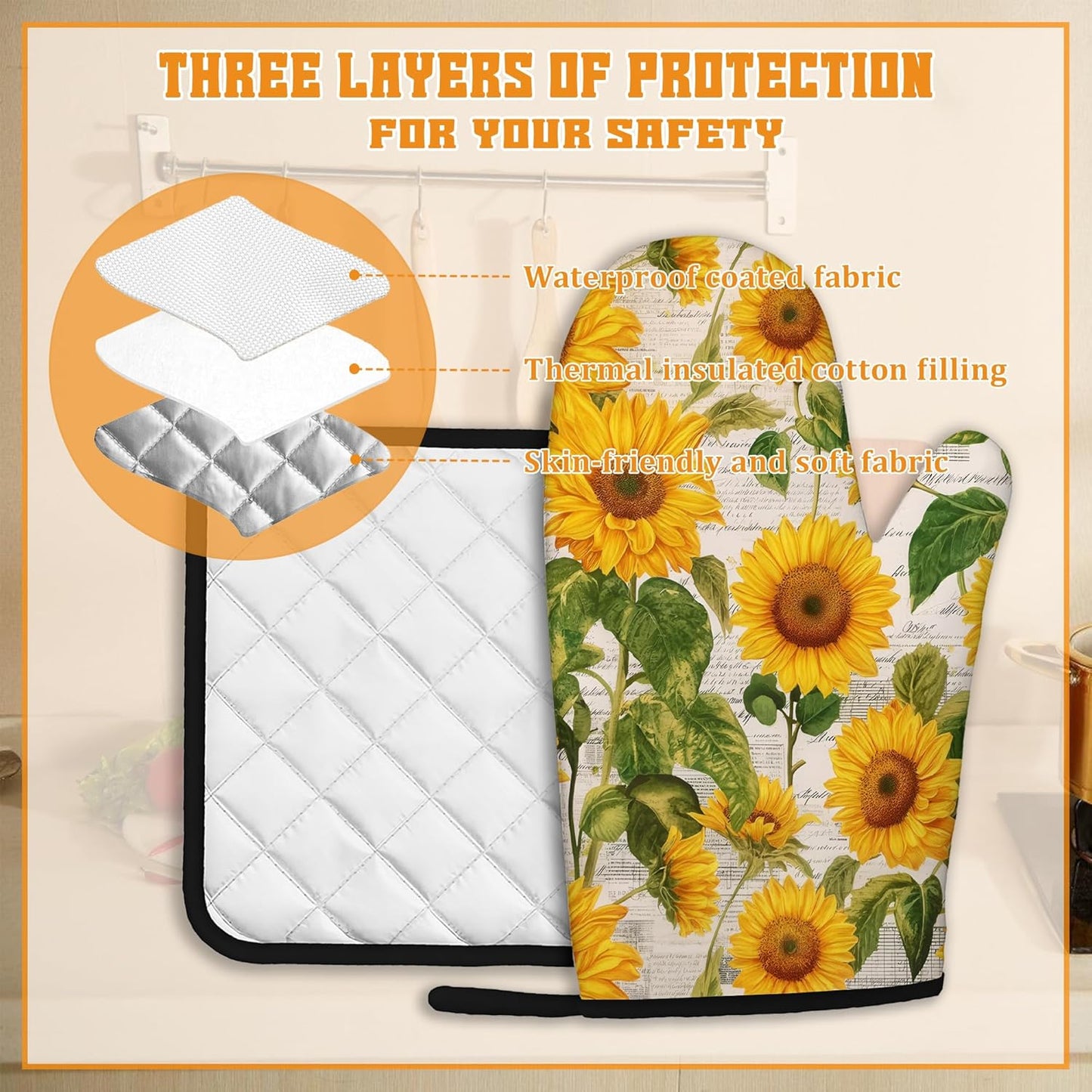 Vintage Sunflower Oven Mitts and Pot Holders,Heat Resistant Oven Mitts Gloves and Pot Holder for Home Kitchen Decorations Cooking Baking BBQ Gifts,Set of 4