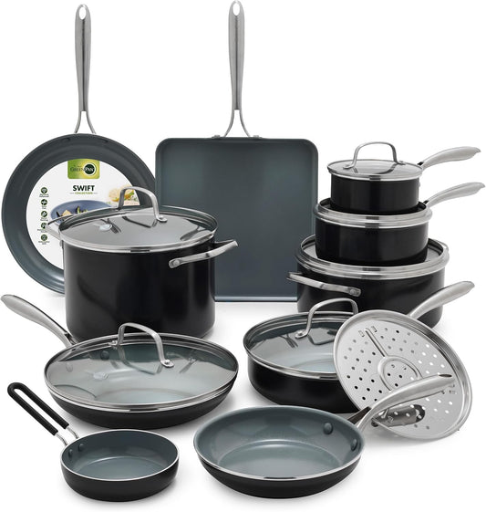 GreenPan 17 Piece Nonstick Swift Cookware Set, Ceramic PFAS-Free Pots & Pans with Lids, Dishwasher & Oven/Broiler Safe to 600F, Kitchen Cooking Set, Sauce, Saute, Stock, Griddle, Frying Pans, Gray