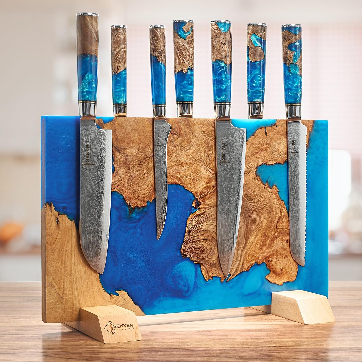 SENKEN "Tsunami" Extra Large Magnetic Knife Block - Holds Up to 16 Knives - Knife Block without Knives, Universal Knife Holder, Beautiful Blue Resin & Natural Wood Blend ("Tsunami" Blue Resin Blend)