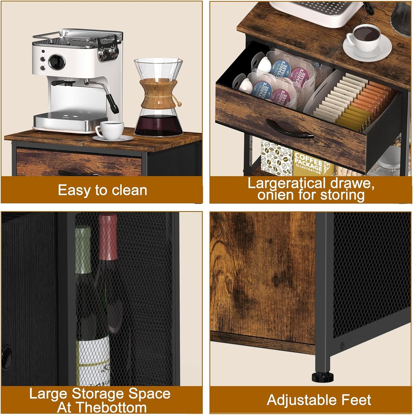 4-Tier Small Coffee Bar with Storage,Kitchen Stand, Farmhouse-Style Coffee Bar with Storage Featuring 2-Door Cabinet for Living Room,Kitchen (Rustic Brown)