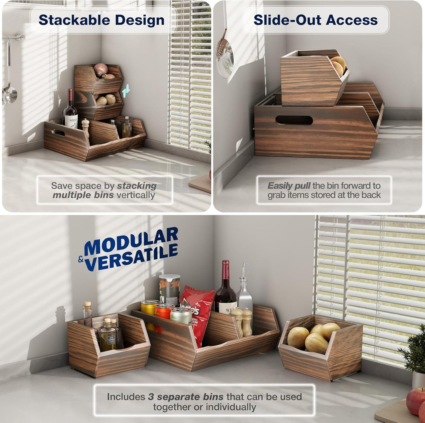 Acacia Wood Pantry Storage Bins – Stackable Open Front Kitchen Baskets for Potato, Onion, Fruit, Bread & More – Rustic Wooden Basket for Pantry (Walnut - Pine Wood)