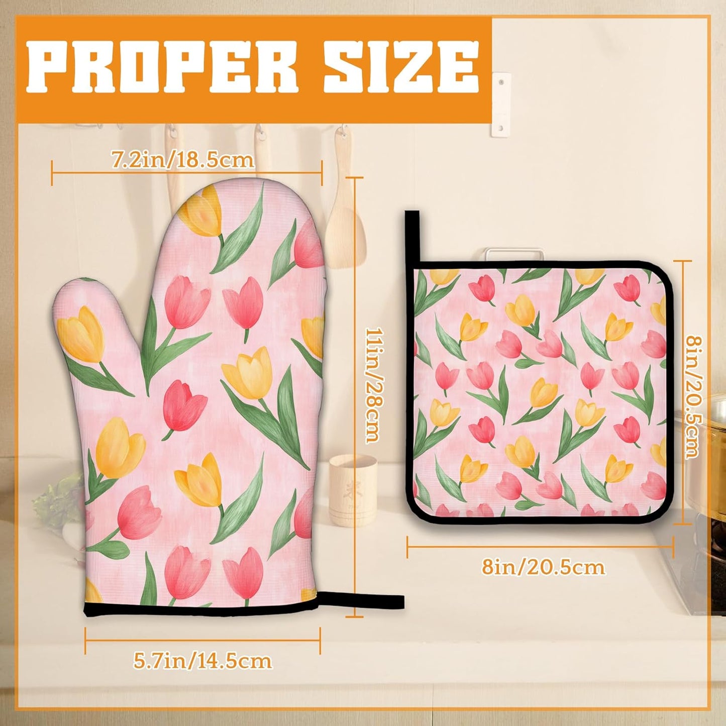 Pink Tulip Oven Mitts and Pot Holders Set,Spring Summer Kitchen Decor Heat Resistant Non Slip Hot Pads and Oven Mitt for Chef Cooking Baking BBQ Mom Girl Gifts(4 Piece Set)
