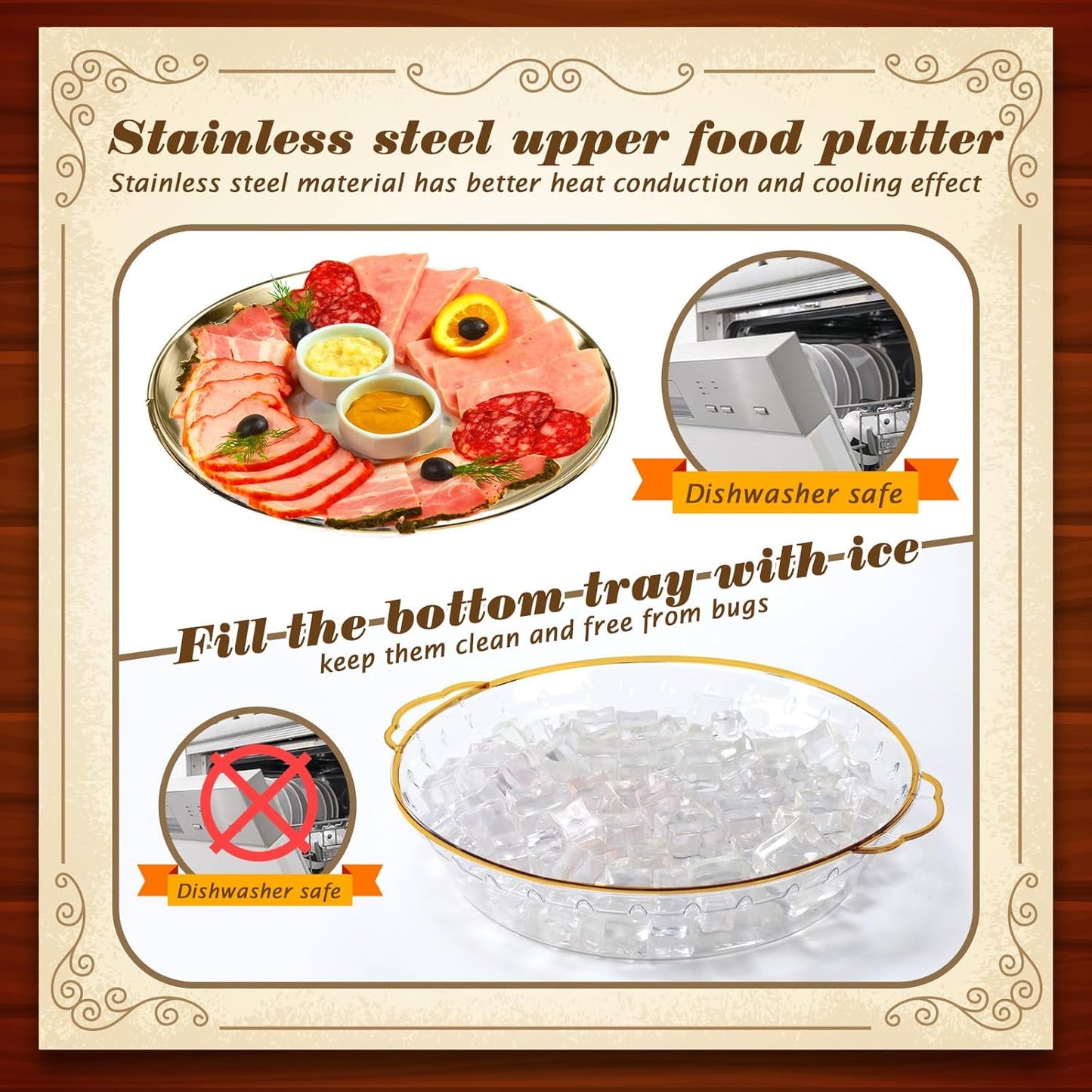 Baderke 6 Set 11.8" Chilled Serving Tray for Parties with Compartments Ice Chilled Party Platter Charcuterie Serving Board Cold Dish Dip for Fruit Seafood Vegetable Shrimp Cocktail (Gold)