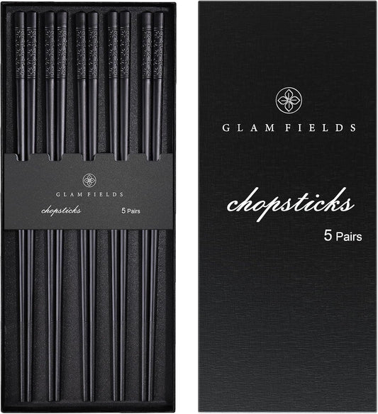 GLAMFIELDS 5 Pairs Premium Chopsticks Reusable Dishwasher Safe 9.5 Inch Fiberglass Chop Sticks Gift Set Non Slip Lightweight Cherry Blossom Pattern