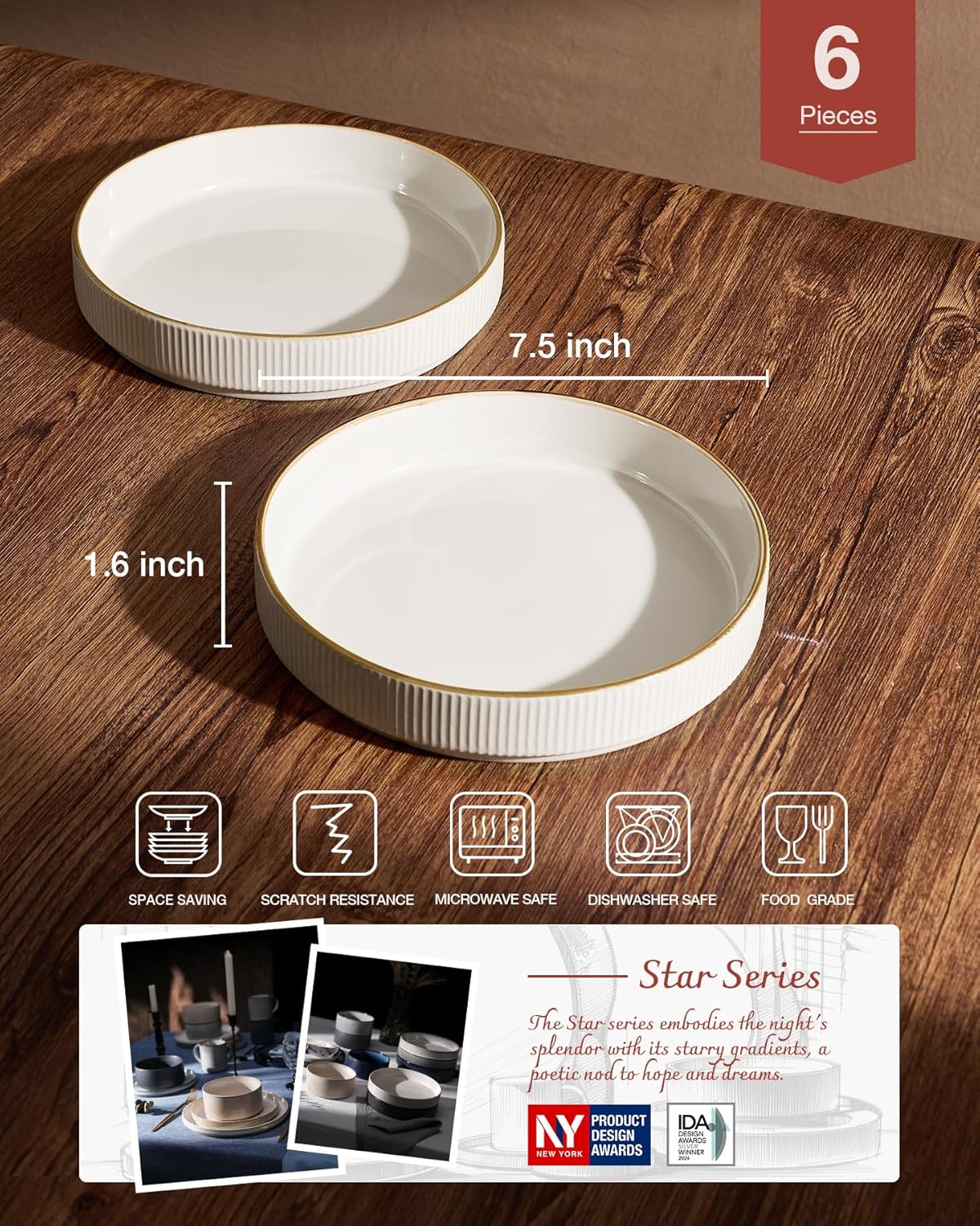 famiware Star 7.5" Pasta Bowls Set, Salad Bowl Set of 6, Double Reactive Glaze, Stackable, Perfect for Your Friend for Housewarming, Thanksgiving, Christmas, White