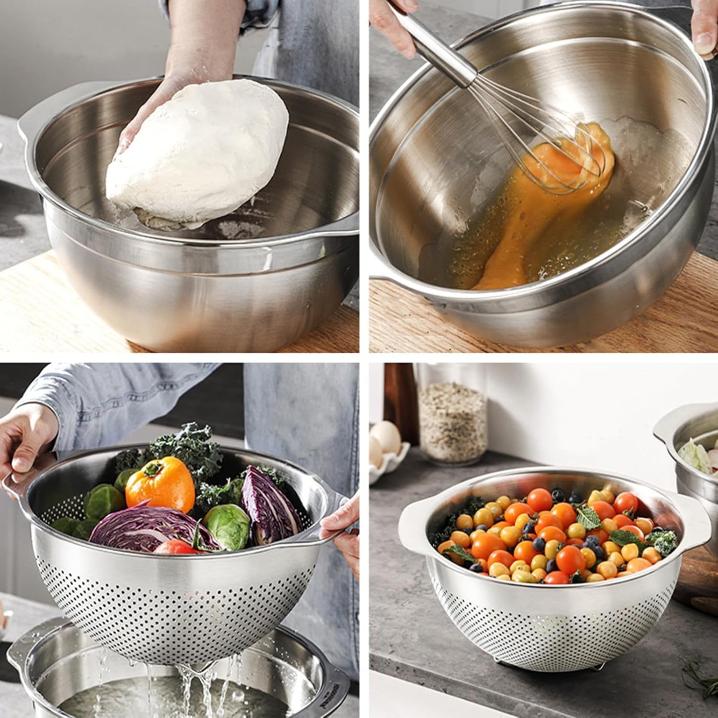 18/8 Stainless Steel Microwell Colander, 3.5QT Large Capacity with Handle Kitchen Food Strainer Basket for Washing Vegetables, Fruits, Rice, and Pasta (primary colour, 3.5QTColander+3.5QT Mixing bowl)