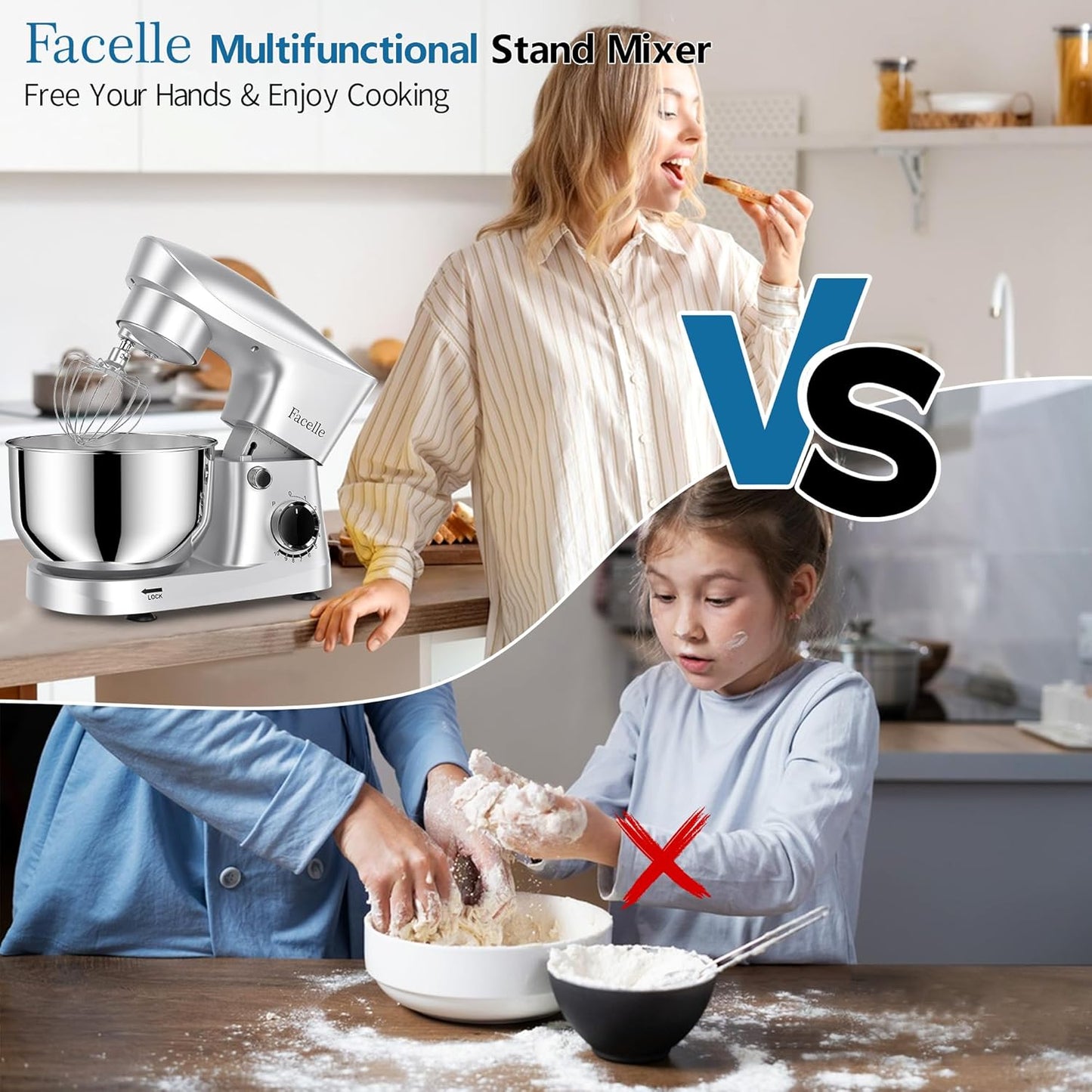 Facelle Stand Mixer, 10-Speed 6QT Kitchen Electric Mixer, Tilt-Head Food Mixer with Beater, Dough Hook, Wire Whip and Egg Separator, scraper for Most Home Cooks - Silver