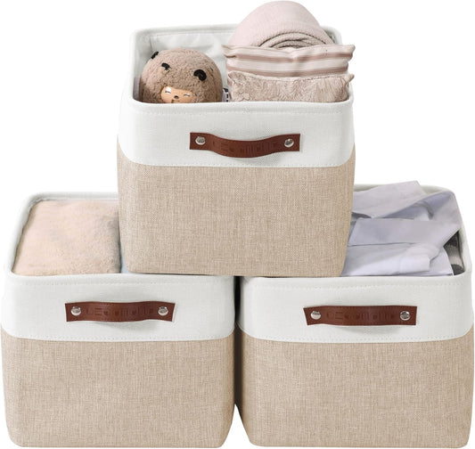 DECOMOMO Storage Baskets for Shelves - Fabric Storage Bins, Linen Closet Organizers and Storage (Beige & White, Large - 3 Pack)