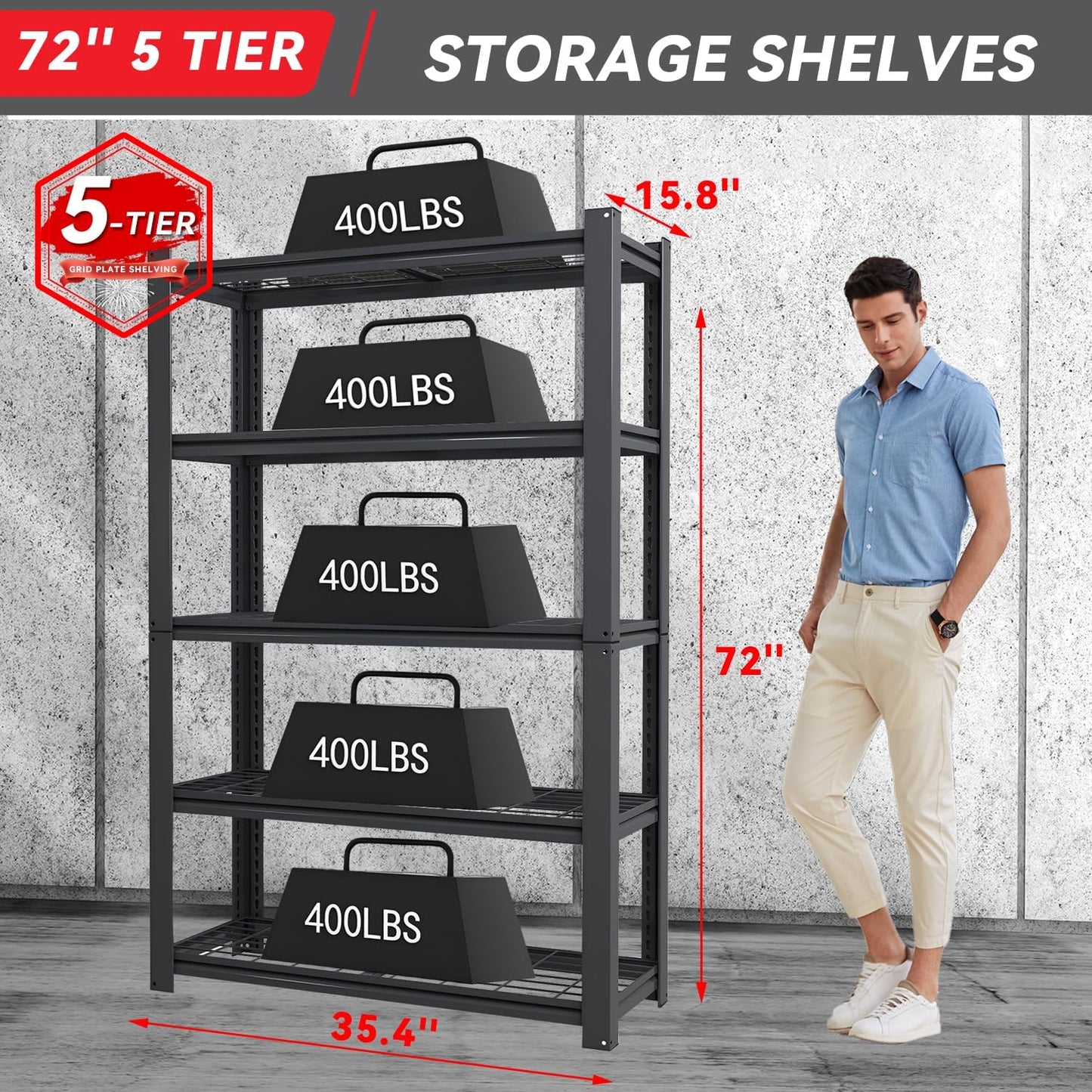 72" H 5-Shelf Metal Storage Shelves, 1600 lbs Garage Shelving Unit, Adjustable Industrial Heavy Duty Storage Wire Rack with Wheels, 35.4" W x 15.8" D x 72" H for Pantry Basement, Black