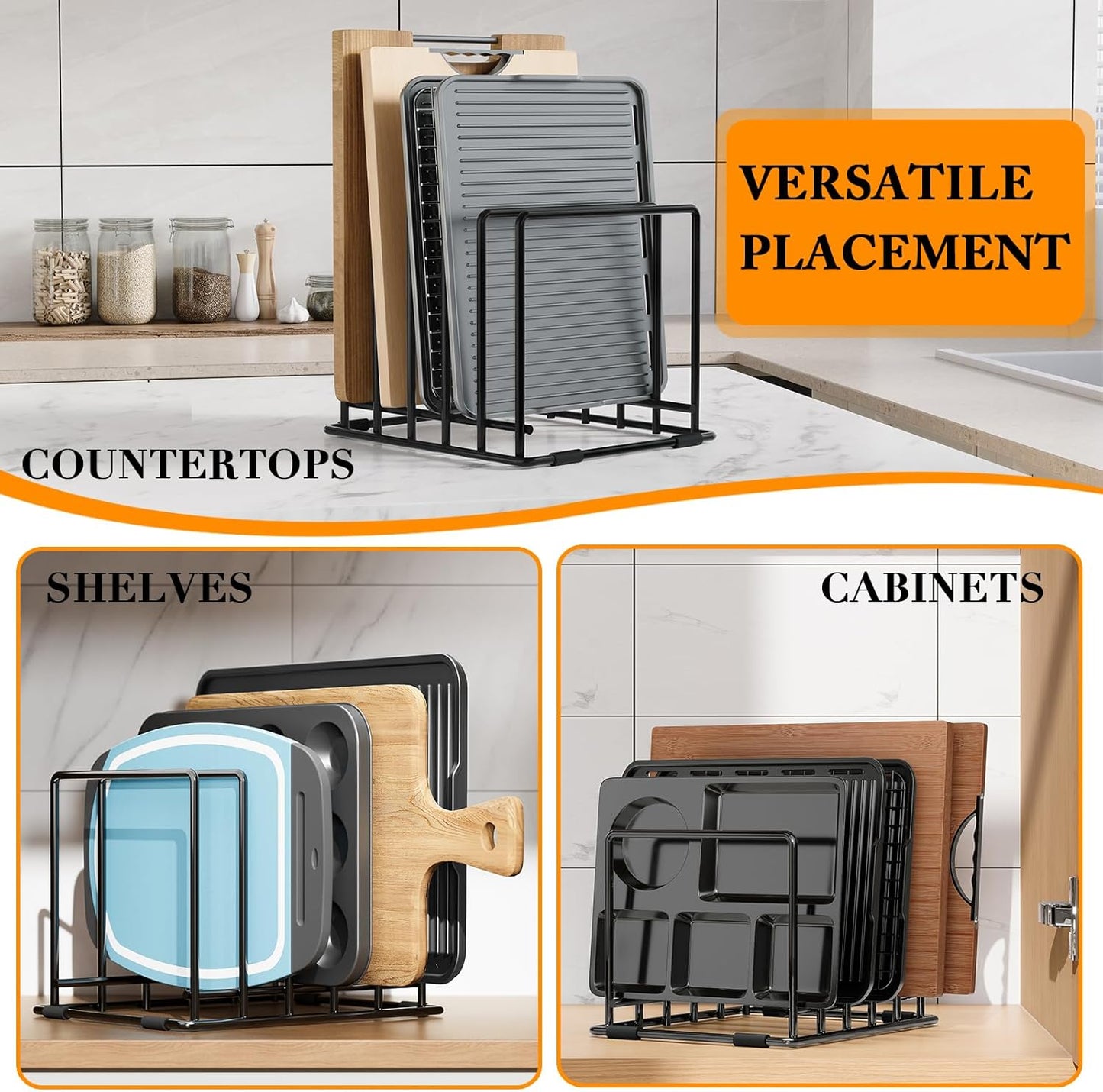 Baking Sheet Organizer Rack – 5-Slot Bakeware & Cookie Tray Holder for Kitchen Cabinet or Countertop, Compact Stainless Steel Cutting Board Rack with Rust-Resistant Frame & Anti-Slip Feet