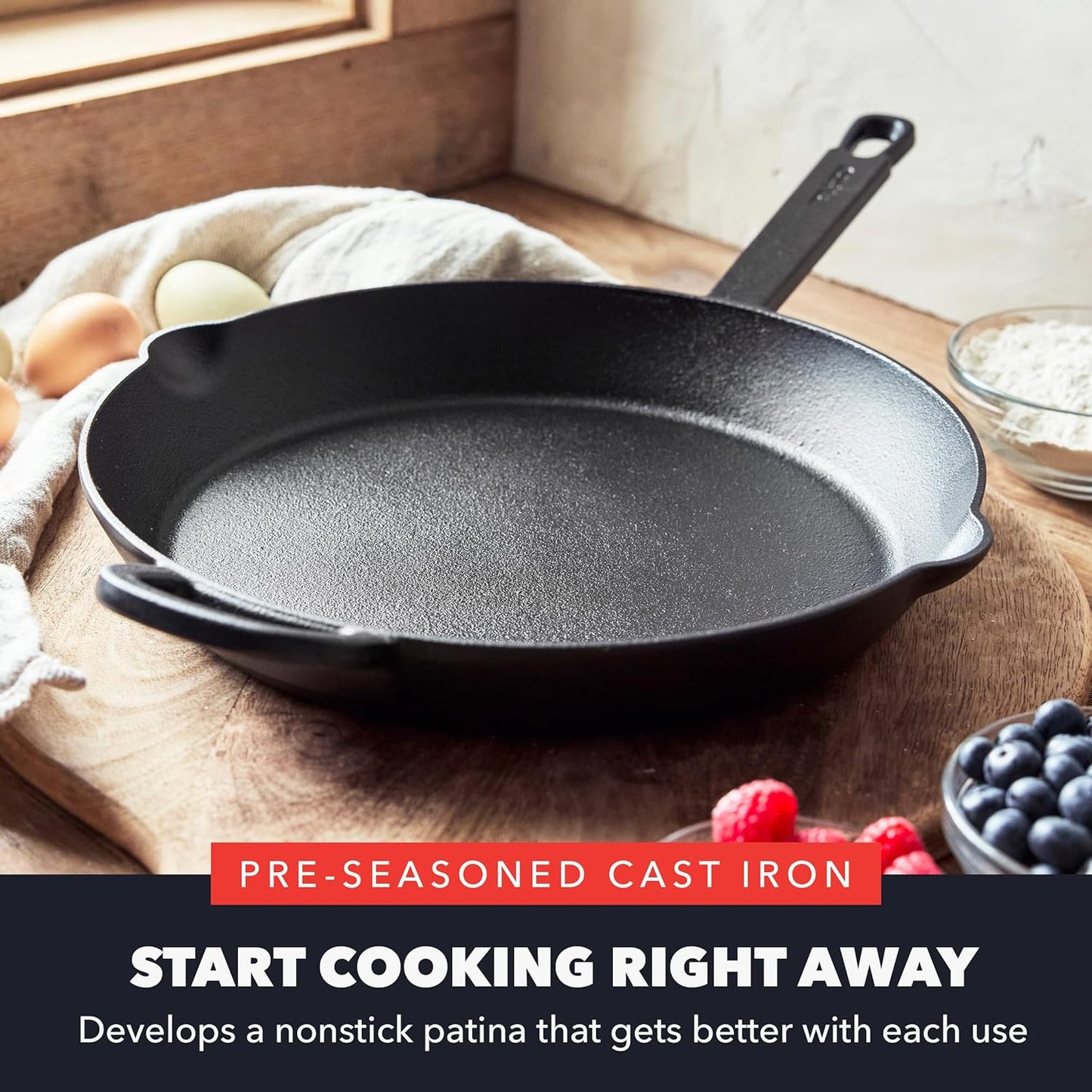 GreenPan x Bobby Flay 12” Cast Iron Pre-Seasoned Skillet with Helper Handle, Professional Grade Heavy Duty, Induction, Pour Spouts, Versatile Stovetop, Oven, BBQ Grill Fire, Indoor/Outdoor Use, Black