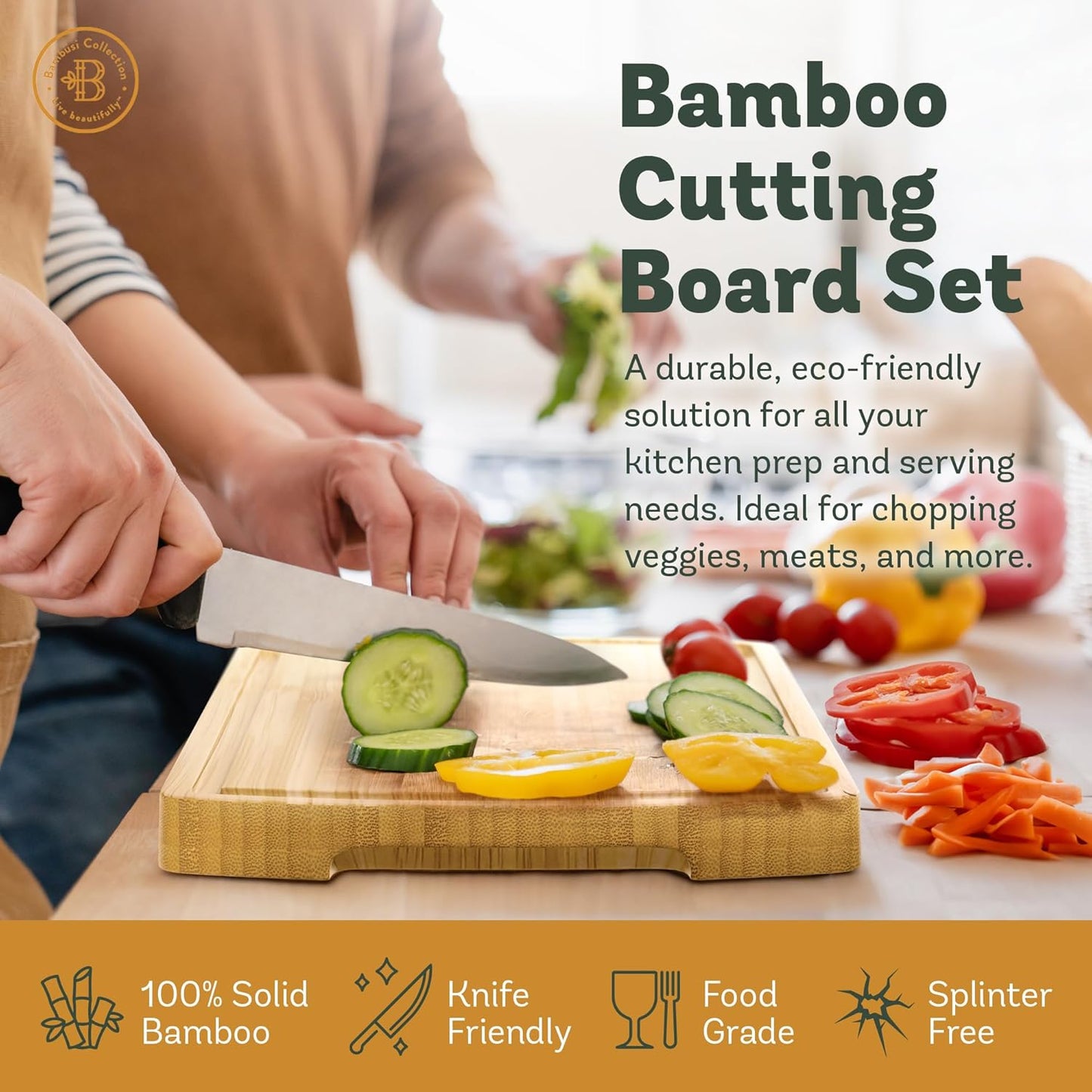 Wood Cutting Board - 3 Piece Bamboo Cutting Board Set, Wooden Cutting Boards for Kitchen with Deep Juice Groove, Side Handles - Chopping Boards for Meat, Vegetables, Charcuterie - Kitchen Gift Set