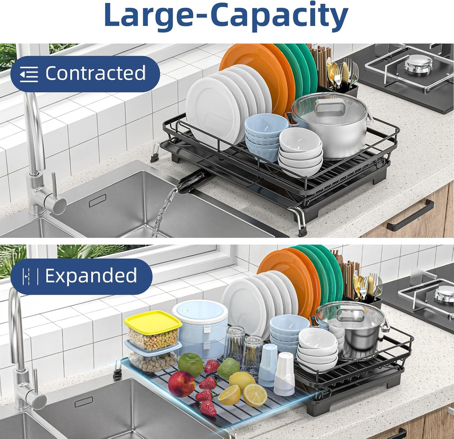 Extendable Dish Racks 16.3"-21.6" L x 16.7" W,Stainless Steel Dish Drying Rack for Kitchien Counter, Anti-Rust Dish Strainer with Cutlery Holder