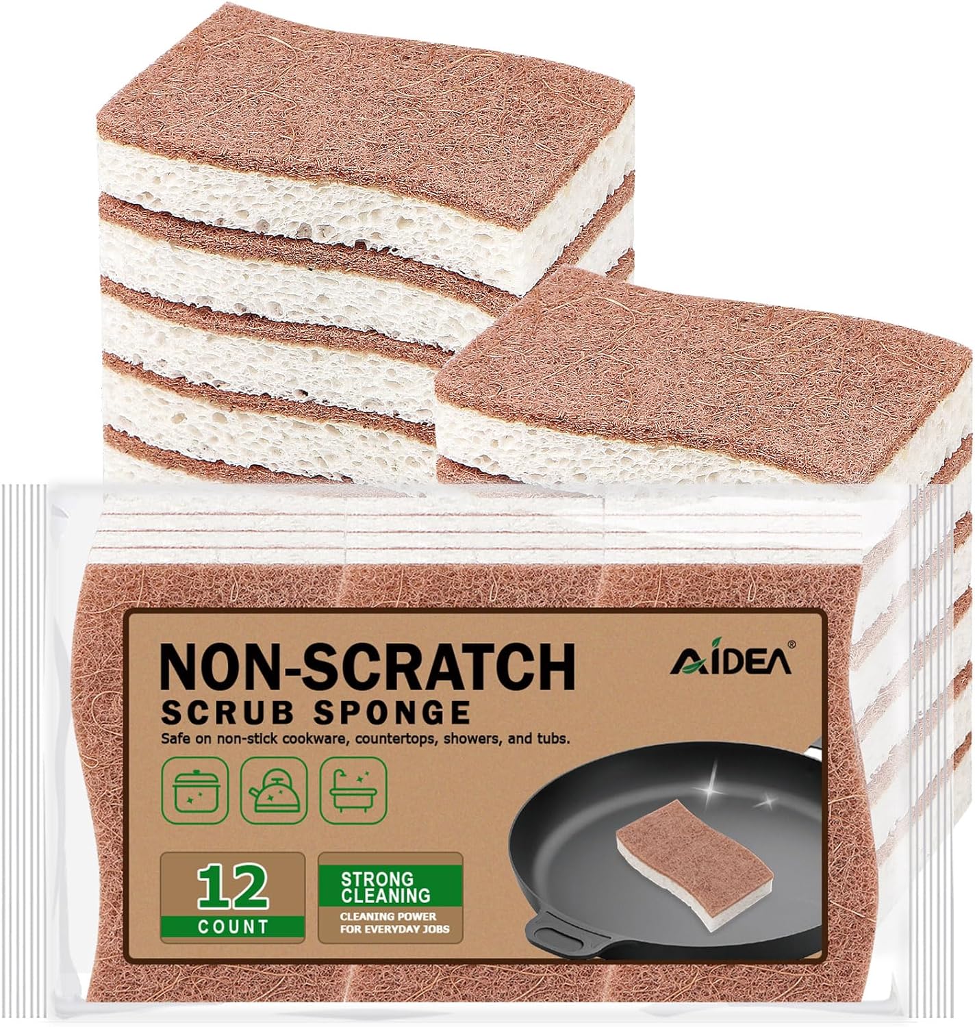 AIDEA Sponges Non Scratch, 12Count, Natural Sponge for Non Stick Cookware, Sponges Kitchen, Cellulose Scrub Sponge for Dishes, Cleaning Power for Kitchen, Bathroom, Household