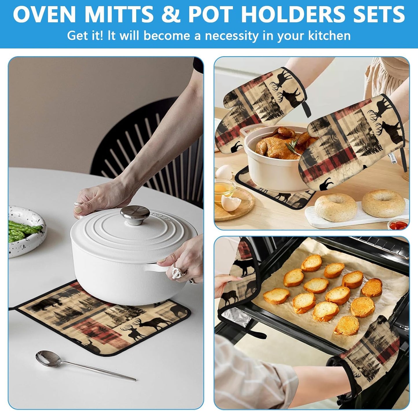 Deer and Bear Oven Mitts and Pot Holders Sets Heat Resistant 4Pcs Wild Animal Potholders Oven Gloves Hot Pads for Kitchen Baking Cooking Grilling BBQ