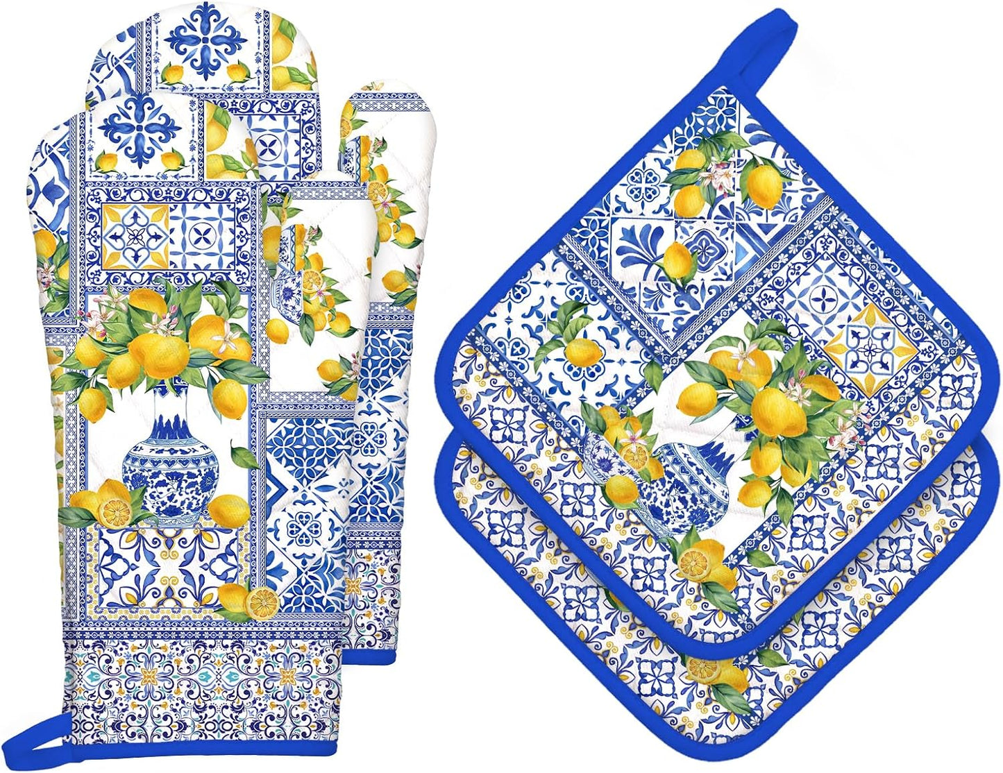 Yellow Lemon Oven Mitts and Pot Holders Sets 4Pcs, 100% Cotton Heat Resistant, Extra Long Oven Gloves Potholder for Kitchen Cooking Baking Decoration