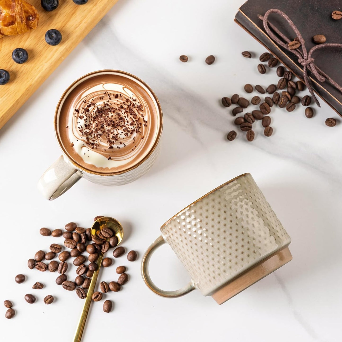 GBHOME 12OZ Stackable Coffee Mugs, Ceramic Coffee Mugs with Texture Patterns for Man,Woman,Dad,Mom, Modern Coffee Mugs Set of 4 for Latte/Cappuccino/Cocoa. Dishwasher&Microwave Safe, Pale Khaki