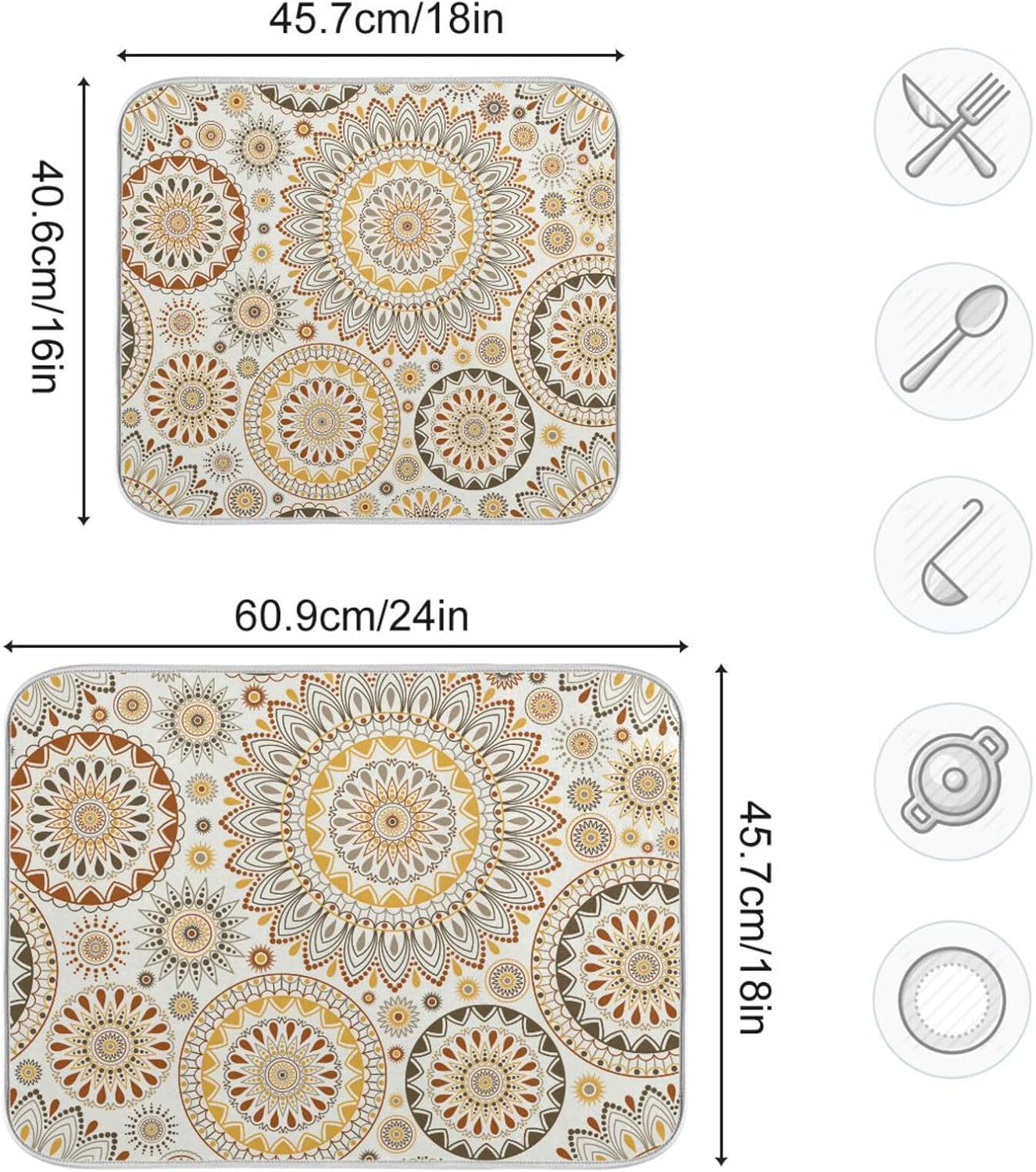 Mandala Ethnic Bohemian Ornament Dish Drying Mat for Kitchen Counter Absorbent Microfiber Drying Pad, Large 18x24 in, Reversible Drainer Mats