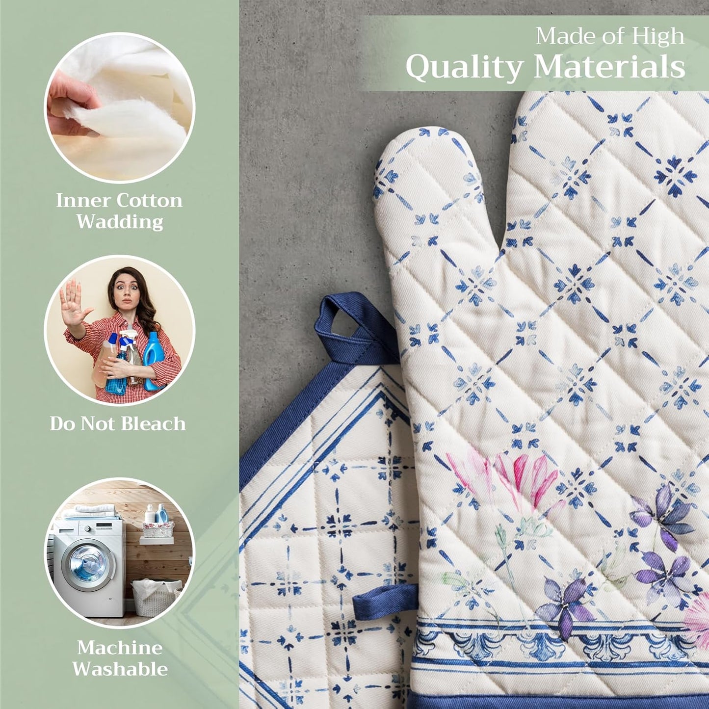 Maison d' Hermine 100% Cotton Oven Mitt & Pot Holder Set (7.5"x13" & 8"x8") Heat Resistant BBQ Cooking Gloves with Loop, Baking, Grilling, Kitchen, Handling Hot Pans Spring/Summer (Faience)