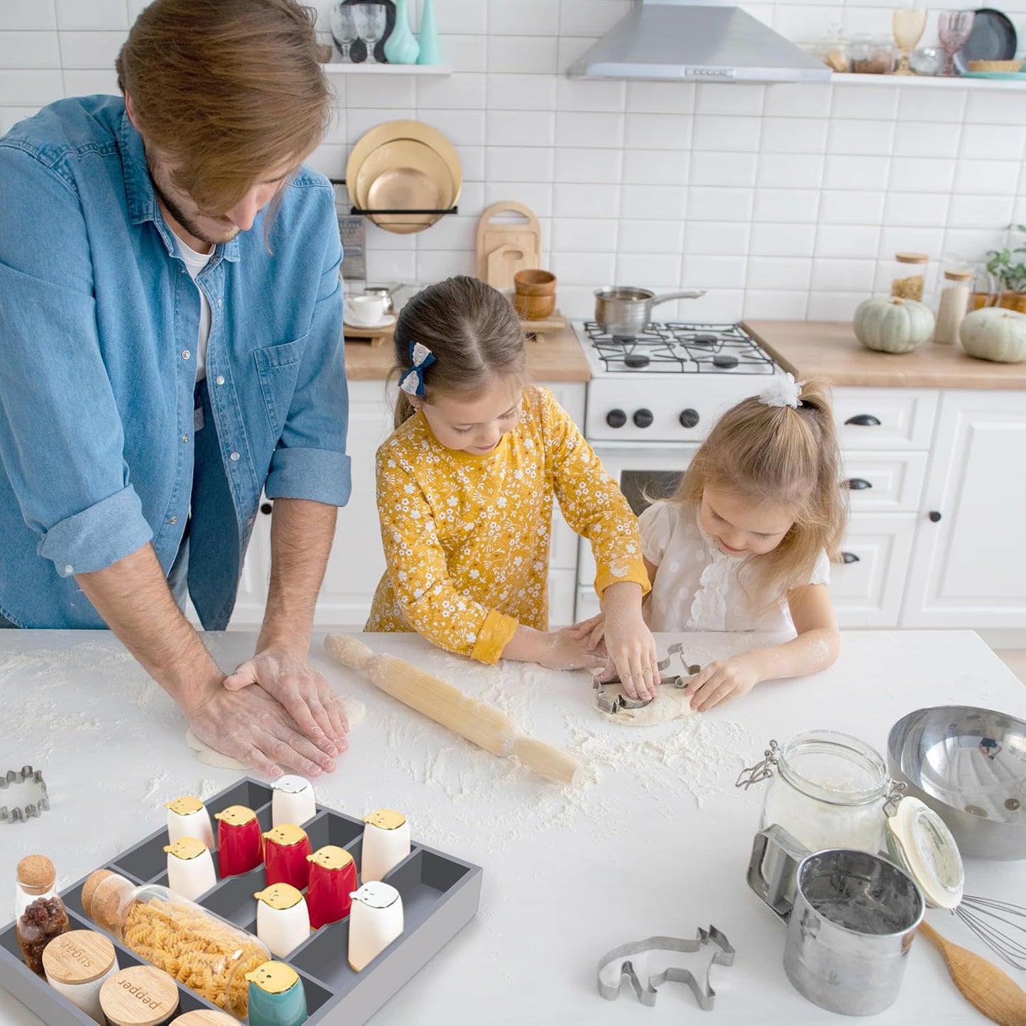 Bellsal Grey Utensil Organizer 12.5 Inch Silverware Tray for Drawer Utensil Holder Cutlery Organizer Kitchen Drawer Organizer 7 Compartment Small Narrow Bamboo
