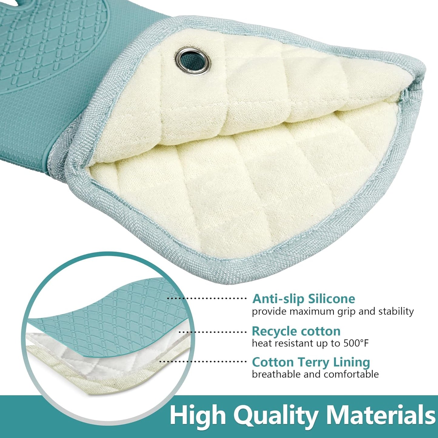 Professional Microwave Silicone Oven Mitts one Pair, Kitchen Mitten Set for Heat Resistant with 500 Degrees, Kitchen Gloves Pot Holder for BBQ Cooking Baking (Light Blue)