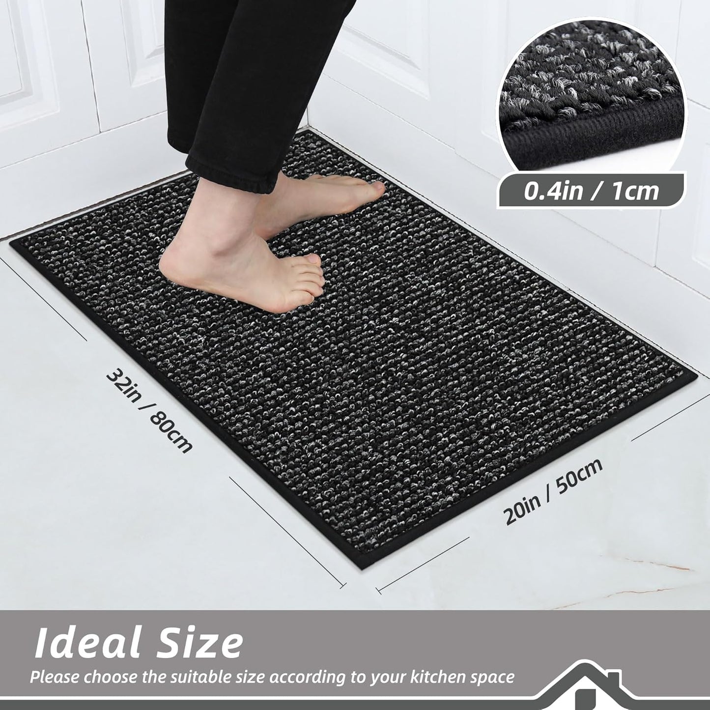 BEQHAUSE Kitchen Rugs 20"x32", Non-Slip Kitchen Mats for Floor, Super Absorbent and Stain Resistant Kitchen Rugs, Machine Washable Rugs for Kitchen, Hallway, Laundry & Sink, Black