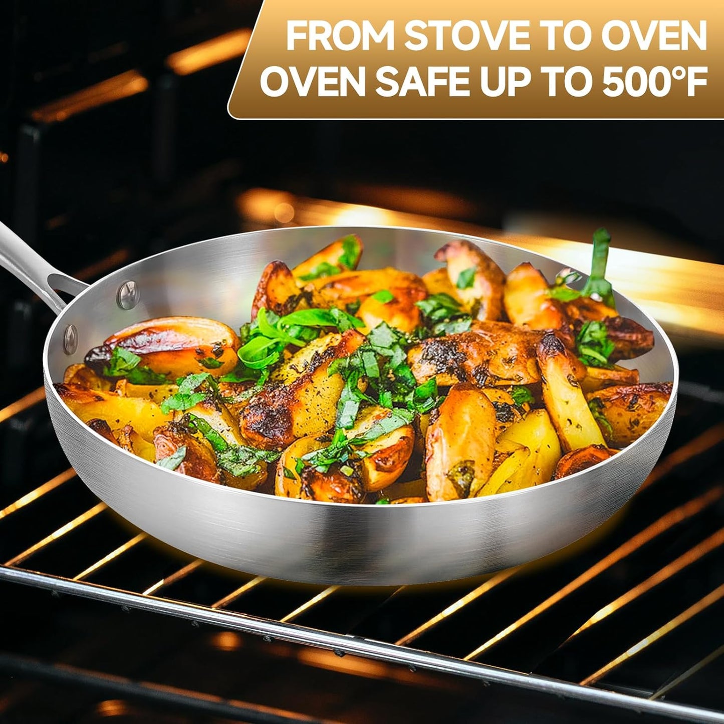 Inqibee 12 Inch Tri-Ply Stainless Steel Frying Pan with Lid and Helper Handle,Skillet,Induction Cooking Pan,Dishwasher and Oven Safe,Detachable Handle.