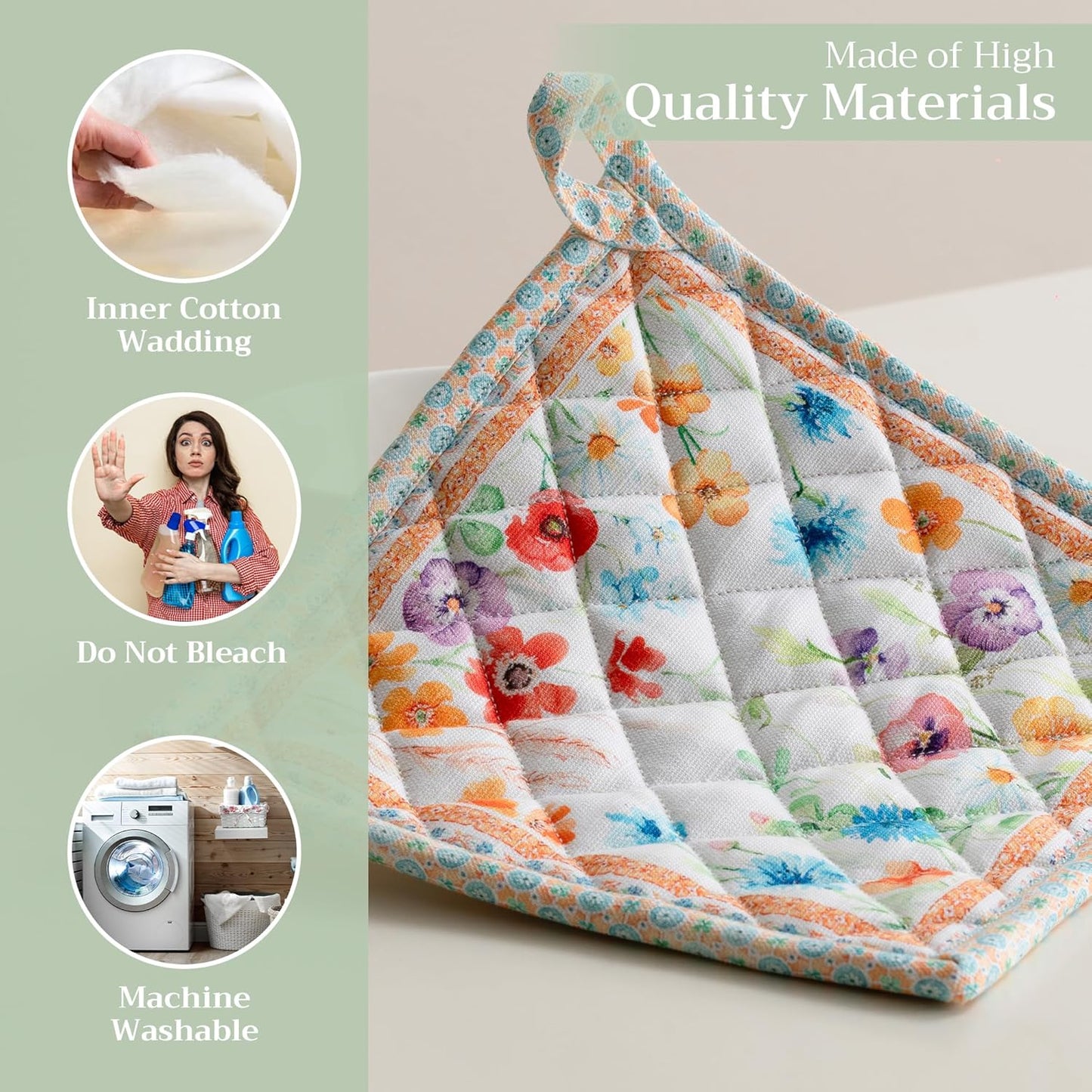 Maison d' Hermine Pot Holders 100% Cotton Heat Resistant Potholders 8" x 8" Hot Pads with Loop BBQ, Cooking, Baking, Grilling, Kitchen, Handling Hot Pans Spring/Summer (Pack of 1, Summer Whisper)