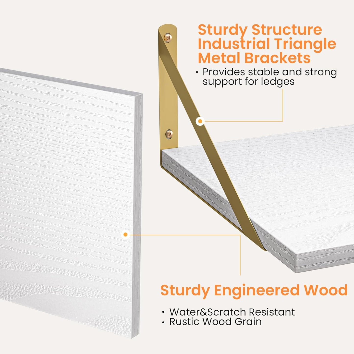 Heimlove Deep Floating Shelves for Wall, 16W x 12D Wood Wall Shelves Set of 2, Wide Floating Bookshelf for Living Room, Kitchen, Office, Bedroom and Decor Storage, with Golden Bracket - White & Gold