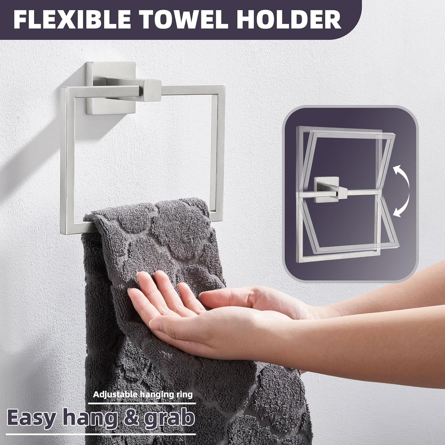 APLusee Brushed Nickel Towel Ring, 304 Stainless Steel Square Bathroom Towel Holder, Wall Mounted