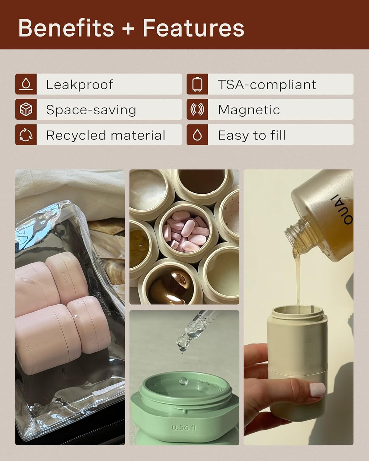 Cadence Travel Containers - Full Skincare Set - Magnetic Containers with Lids,Carry On Travel Essentials For Women/Men - 2 Small (0.56oz), 4 Medium Capsules (1.32oz), & Extender (1.43oz) - Charcoal