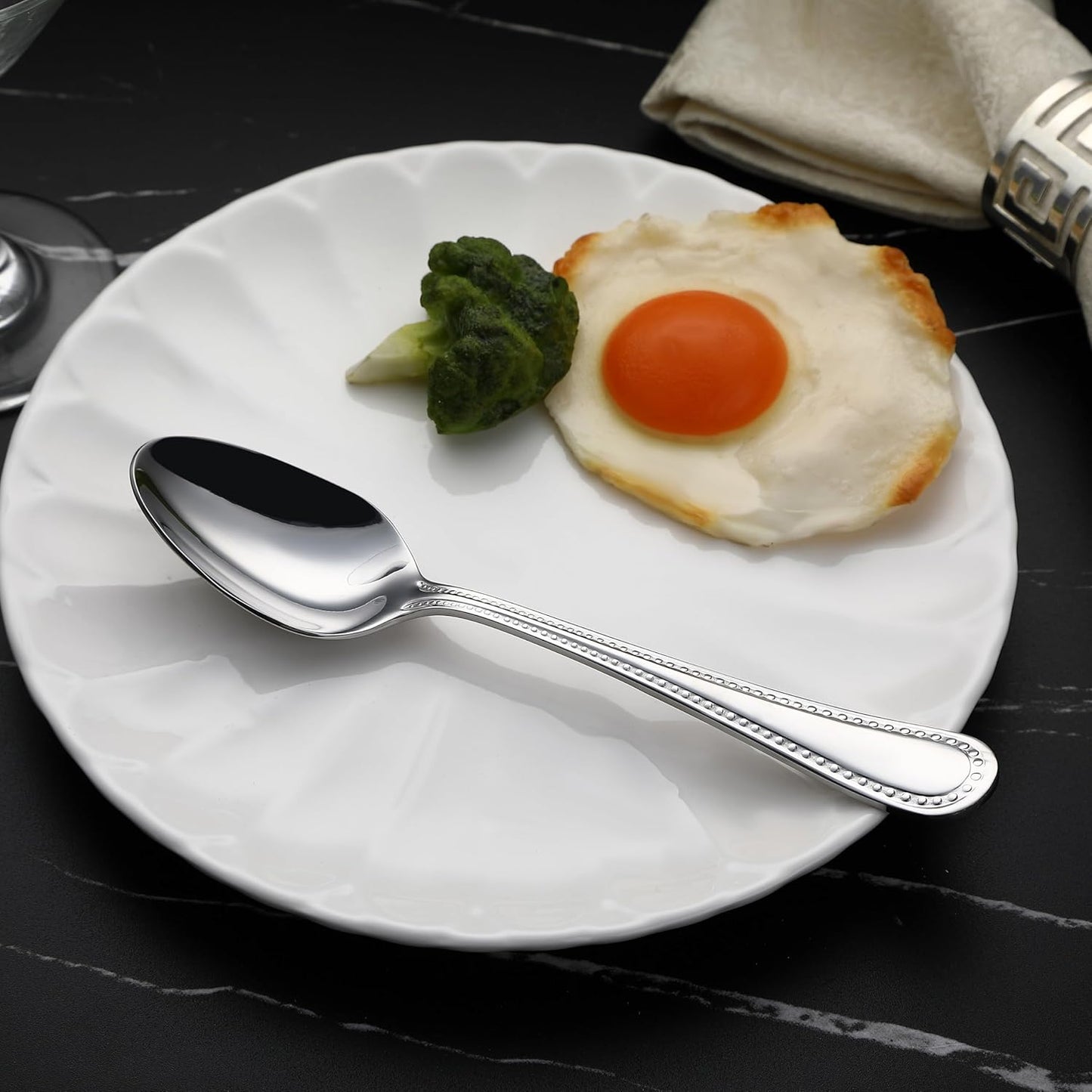 Amazon Basics Stainless Steel Dishwasher Safe Dinner Spoons with Pearled Edge, Large Tablespoons, 7.7 inches, Pack of 12, Silver