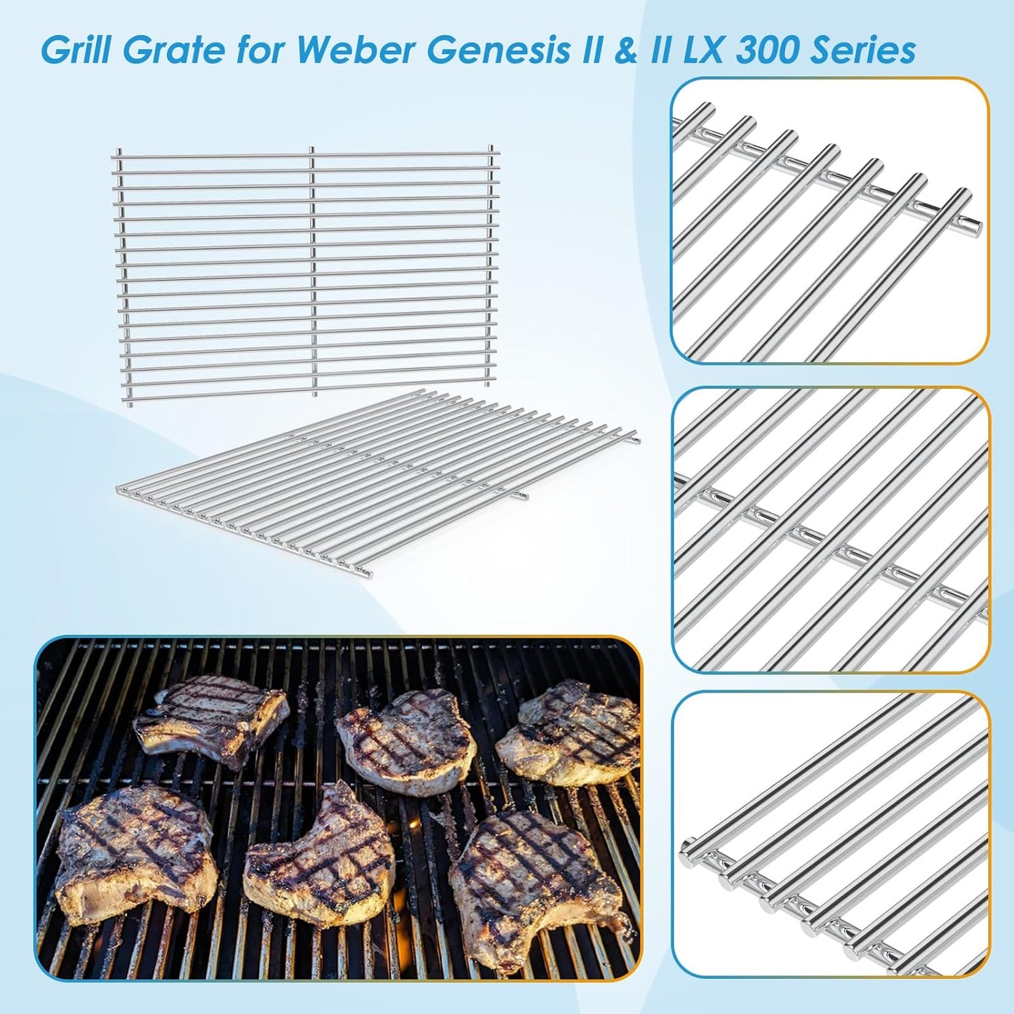 66802 18.75" Grill Grates for Weber GS4 Genesis II 300 Genesis II LX 300 Series, for Weber Genesis 2 Grill Parts for Genesis ii E-310 ii E-315 Grill Grates Replacement Parts for Weber 66095
