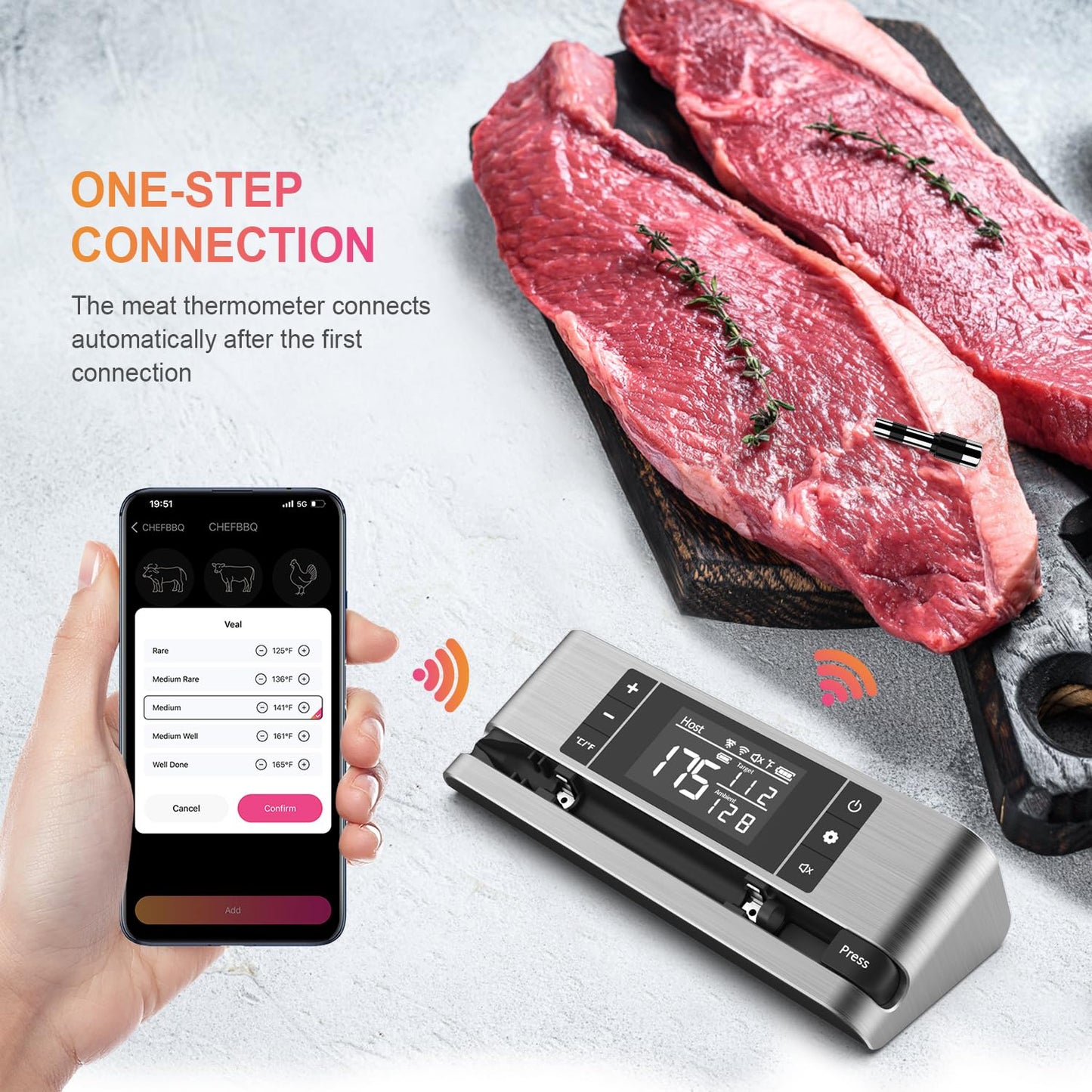Wireless Smart Meat Thermometer with Dual-Sensor Probe, 500FT Remote Monitoring, Dedicated App, Real-Time Ambient and Food Temperature Tracking for Precise Cooking Control