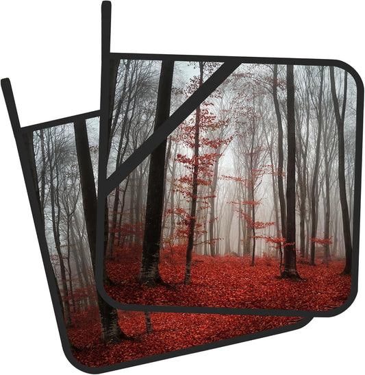 Pot Holder Set of 2,Misty Forest Red Kitchen Heat Resistant Potholder for BBQ Cooking Baking,Food Hot Pat for Women Men Kitchen Wear