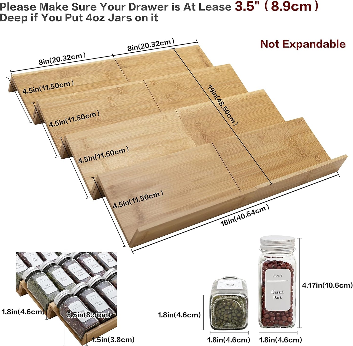 Bamboo Spice Rack Drawer Organizer - 8 Piece Set - 8" or 16" Wide